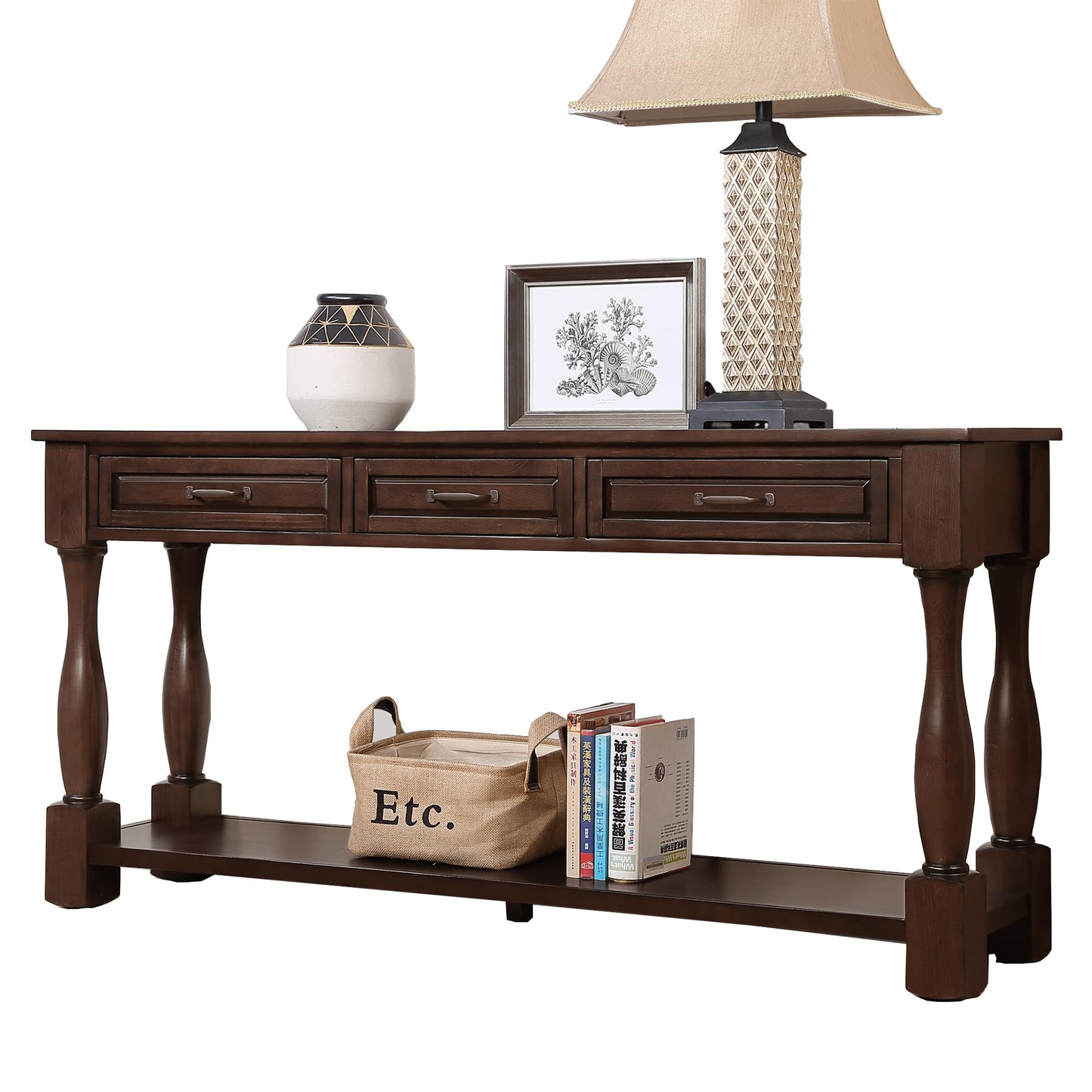 LKTART Solid Wood Console Table for Entryway,Long Sofa Table with 3 Drawers and Bottom Shelf for Hallway,Foyer,Entry,Easy Assembled (63" Light Espresso)