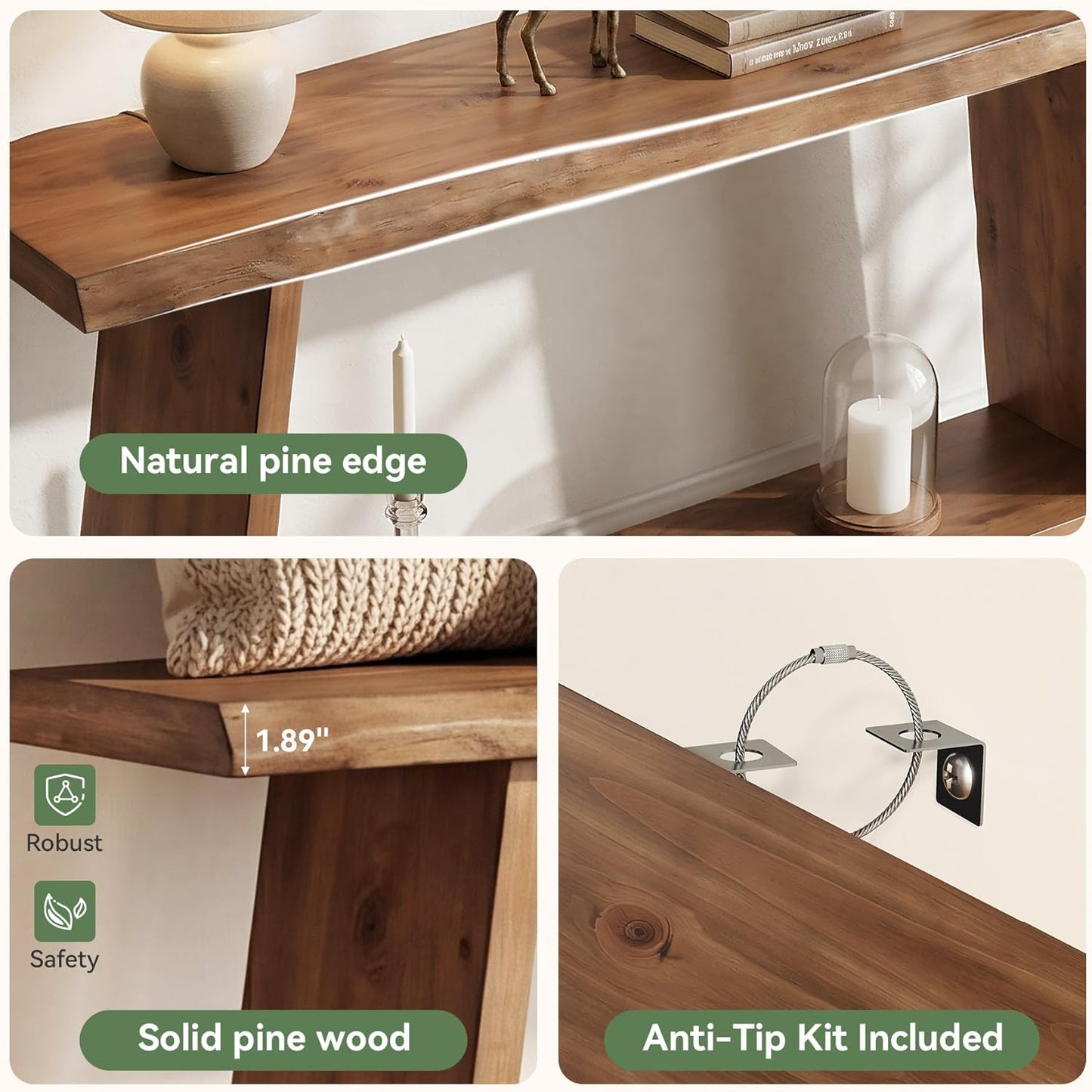 Solid Wood Console Table, 62.99" Entryway Table with Storage Shelf, 2 Tiers Narrow Skinny Sofa Table for Hallway, Entrance, Living Room, Brown