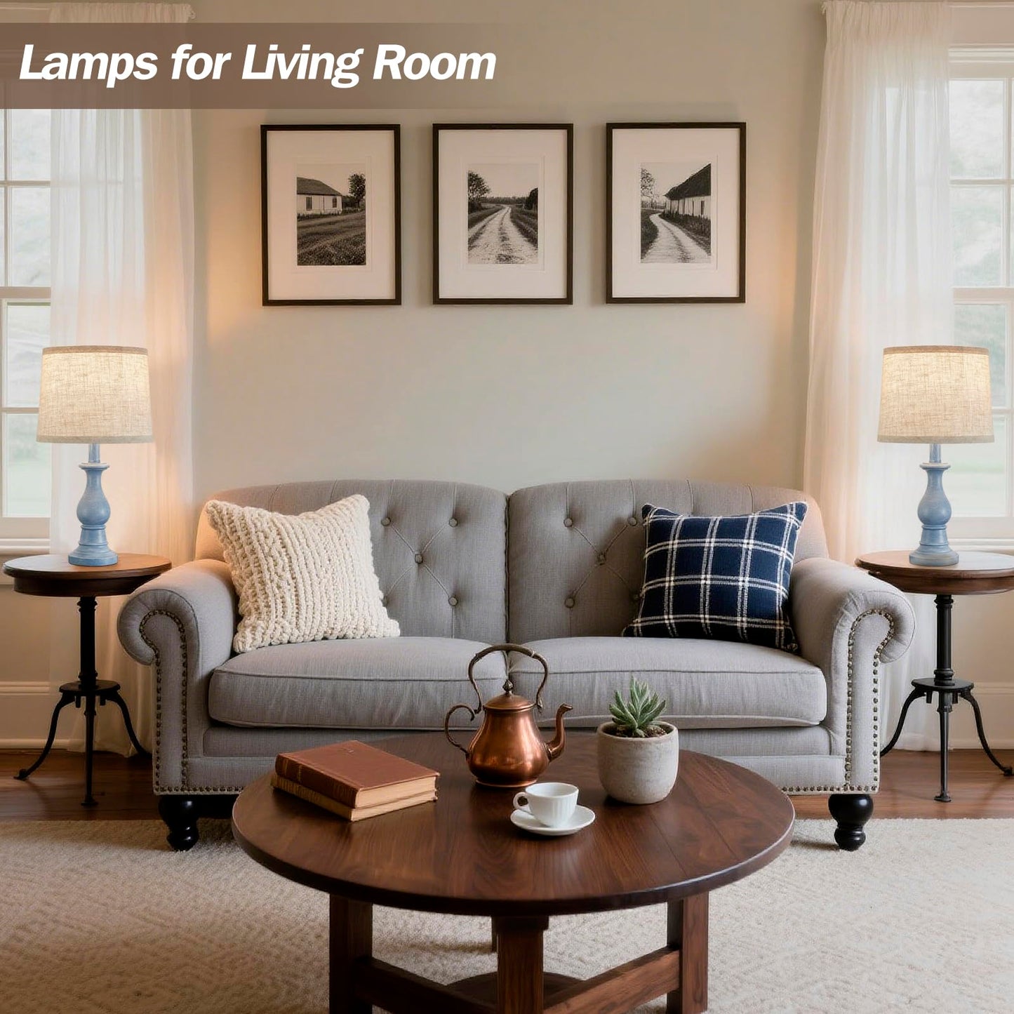 Vintage Table Lamp for Living Room Bedroom, 18.5" Farmhouse Bedside Lamps Nightstand Lamp Set of 2, Table Lamps with Oatmeal Linen Lamp Shades, 2 LED Bulbs Included