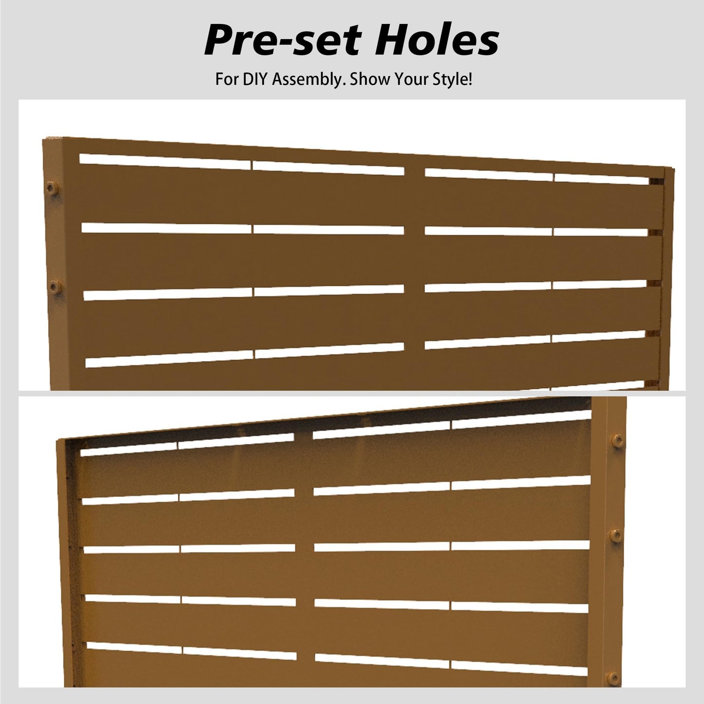 Outdoor Metal Privacy Screen with Stand, 72" H x 47" W Freestanding Outdoor Patio Divider, Decorative Patio Privacy Fence Panel for Garden Backyard Balcony Porch (Brown-Crossbanding)