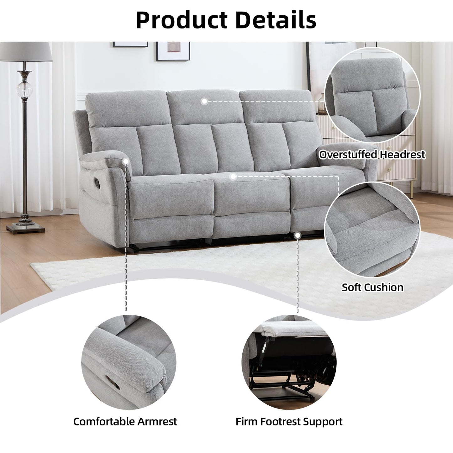 IOMOR Manual Reclining Loveseat, Soft Fabric Loveseat Recliner Couch for Adults with Overstuffed Arms and Back, Double Sofa Recliner for Living Room (Light Gray)