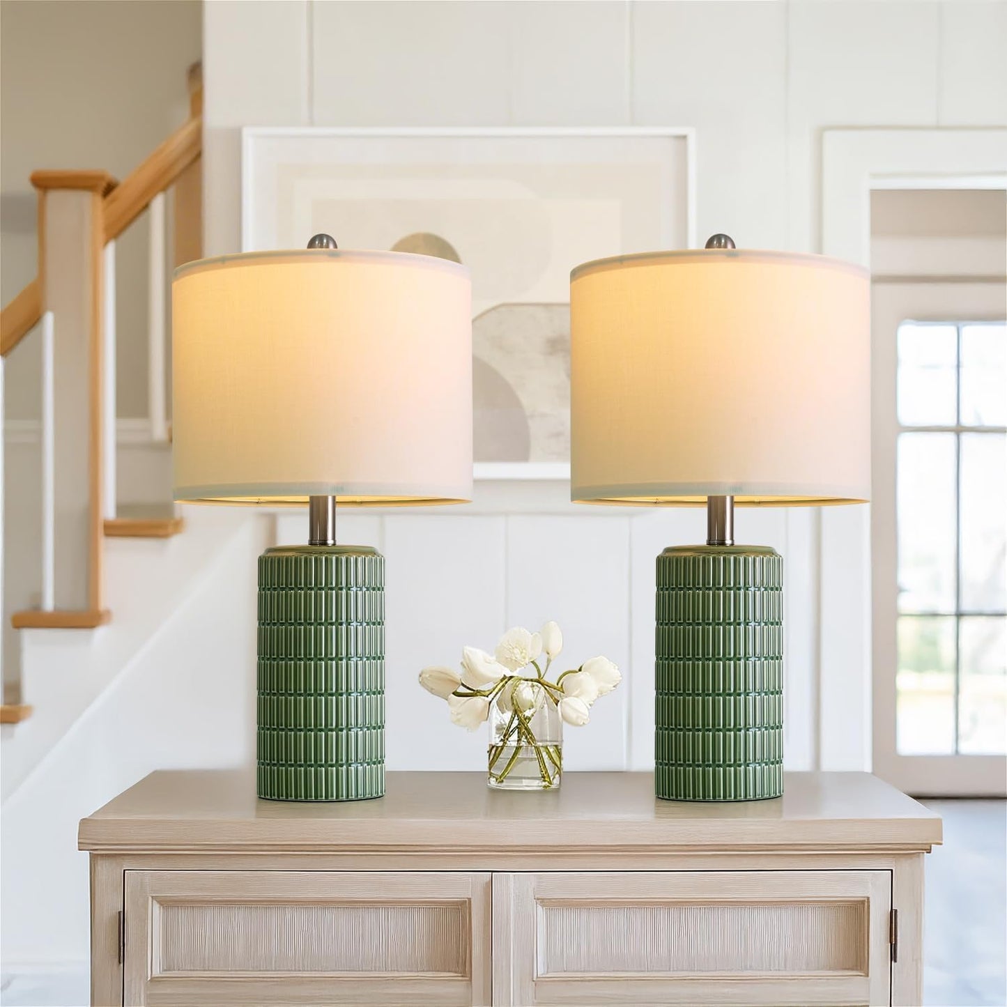 PoKat 20.75" Small Modern Ceramic Table Lamps Set of 2 for Bedroom, White Bedside Lamps for Night Stands, Farmhouse Desk Decor Gift Nightstand Table Lamps for Living Room End Table Beige