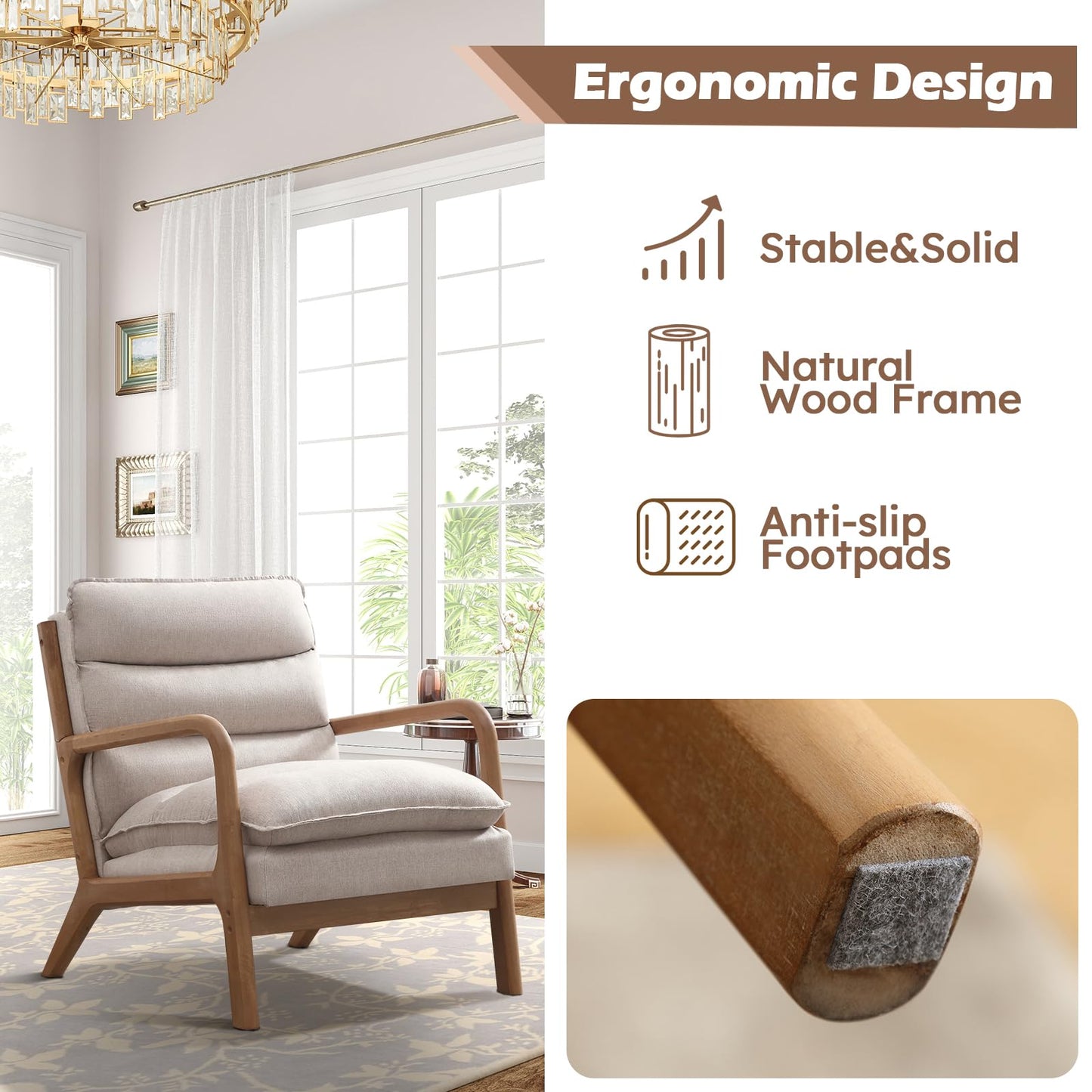 IOMOR Mid Century Modern Accent Chair, Upholstered Lounge Armchair with Plump Back Pillow, Comfy Reading Chair with Solid Wood Frame for Bedroom Living Room, Brown
