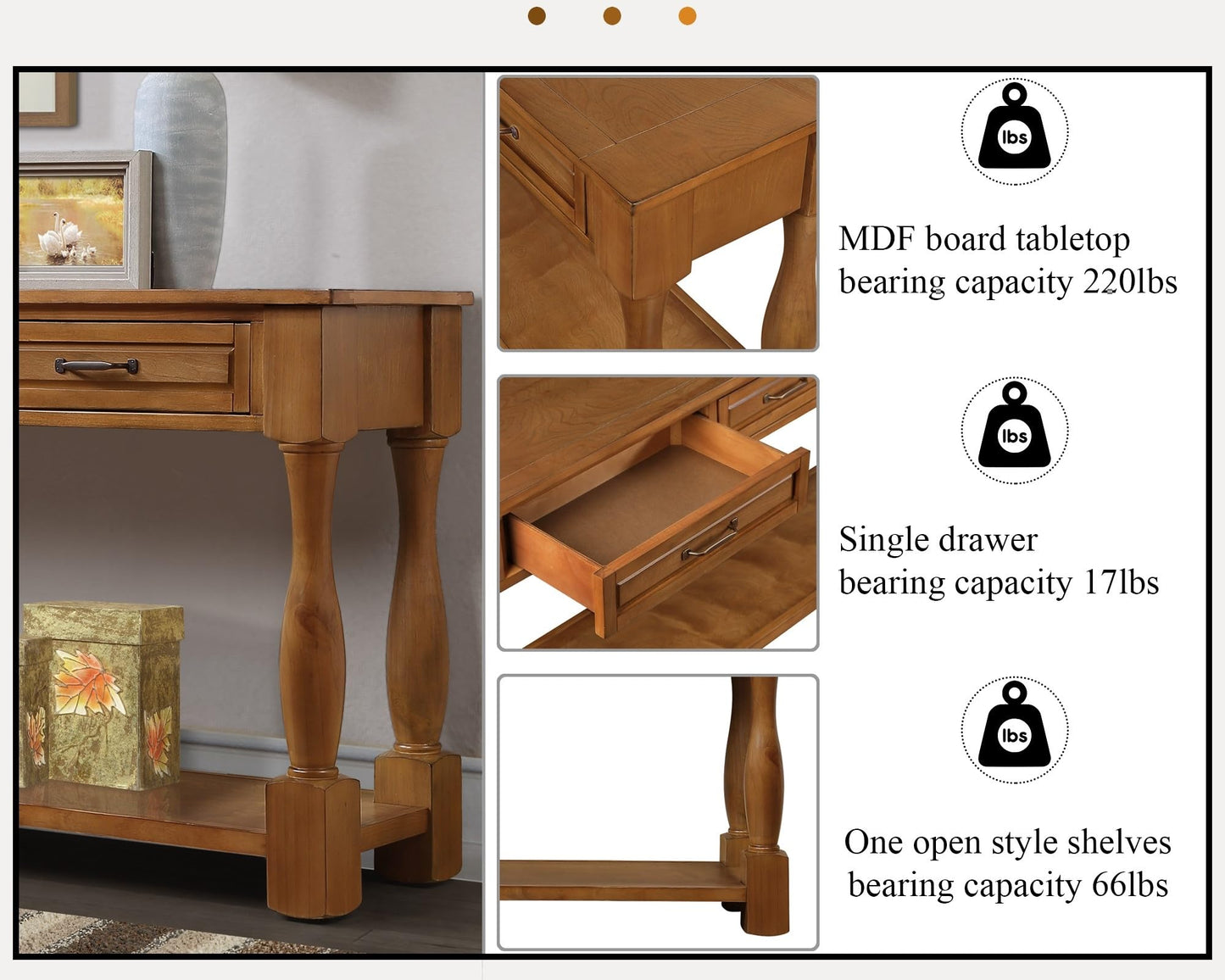 LKTART Solid Wood Console Table for Entryway,Long Sofa Table with 3 Drawers and Bottom Shelf for Hallway,Foyer,Entry,Easy Assembled (63" Light Espresso)