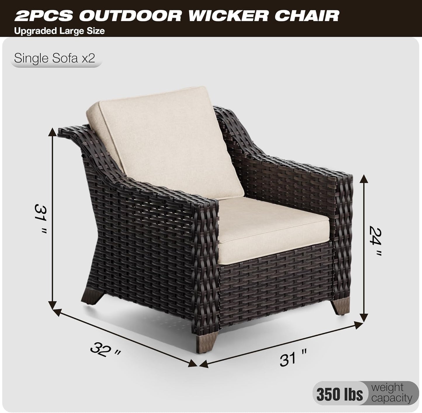 Joyside Outdoor Wicker Chair, Patio Dining Chairs Set 2 Pieces, High Back Single Chairs, Upgraded Large Size with 4inch Seat Cushions for Backyard, Garden, Poolside, (Brown/Beige)