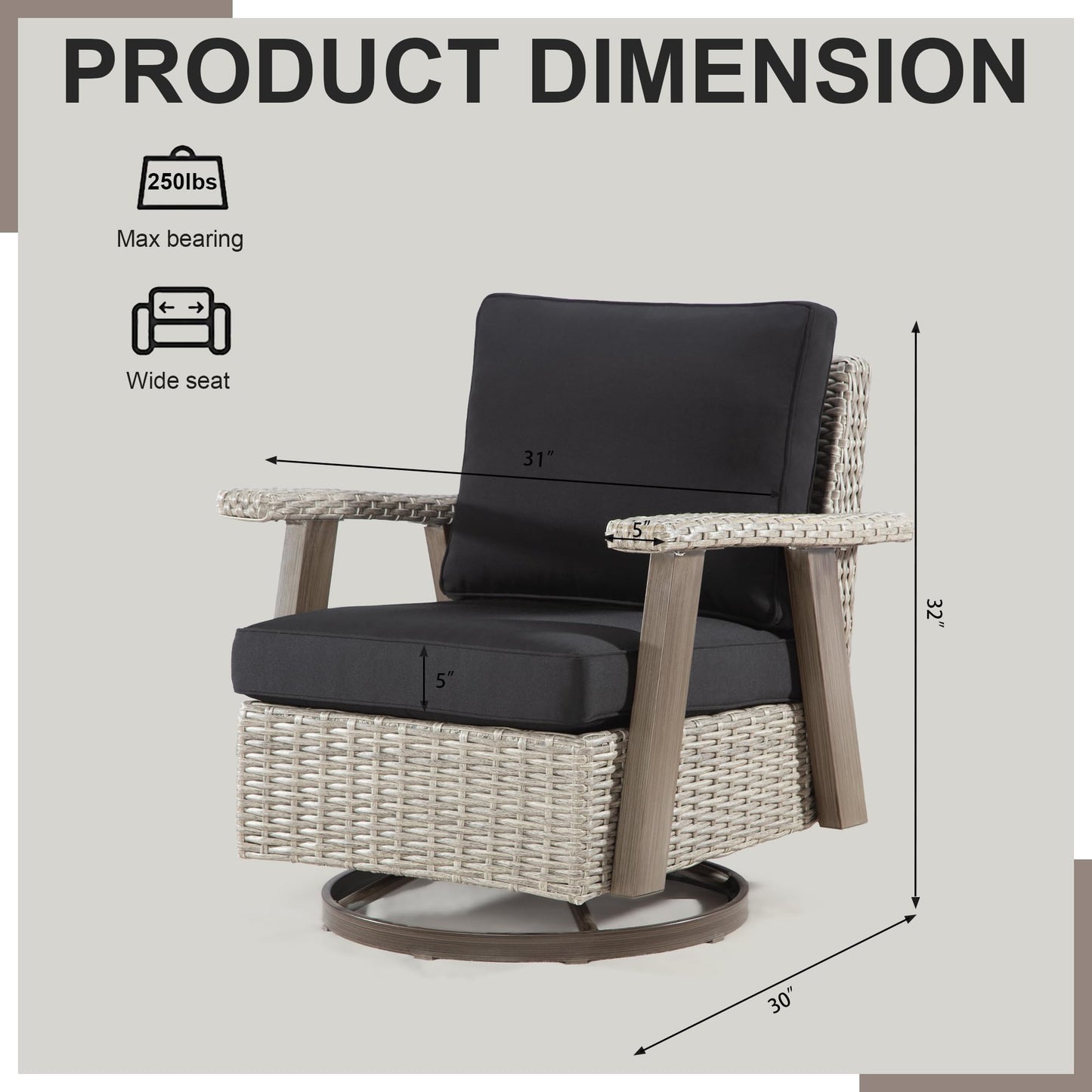 Joyside Patio Chair - Outdoor 360 Degree Swivel Rocker Chair with Durable Fabric Cushion and Ergonomic Structure, Patio Wicker Dining Chair(Grey/Dark Blue)