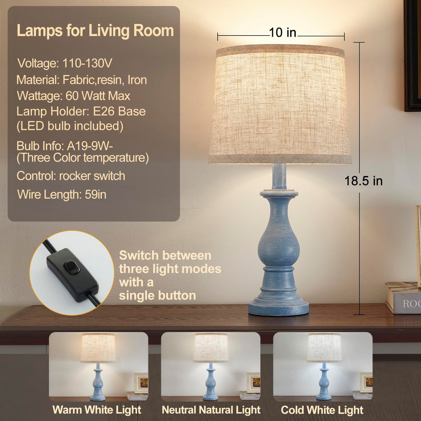 Vintage Table Lamp for Living Room Bedroom, 18.5" Farmhouse Bedside Lamps Nightstand Lamp Set of 2, Table Lamps with Oatmeal Linen Lamp Shades, 2 LED Bulbs Included