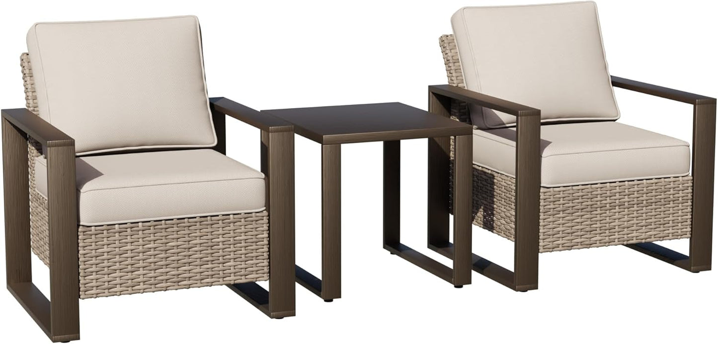 Joyside Outdoor Patio Chairs, 3 Pieces Wicker Rattan Furniture Set, 2 Patio Chairs and 1 Table, Metal Wide Armrest, Thick Cushions and Deep Seating for Garden, Backyard, Porch, Deck