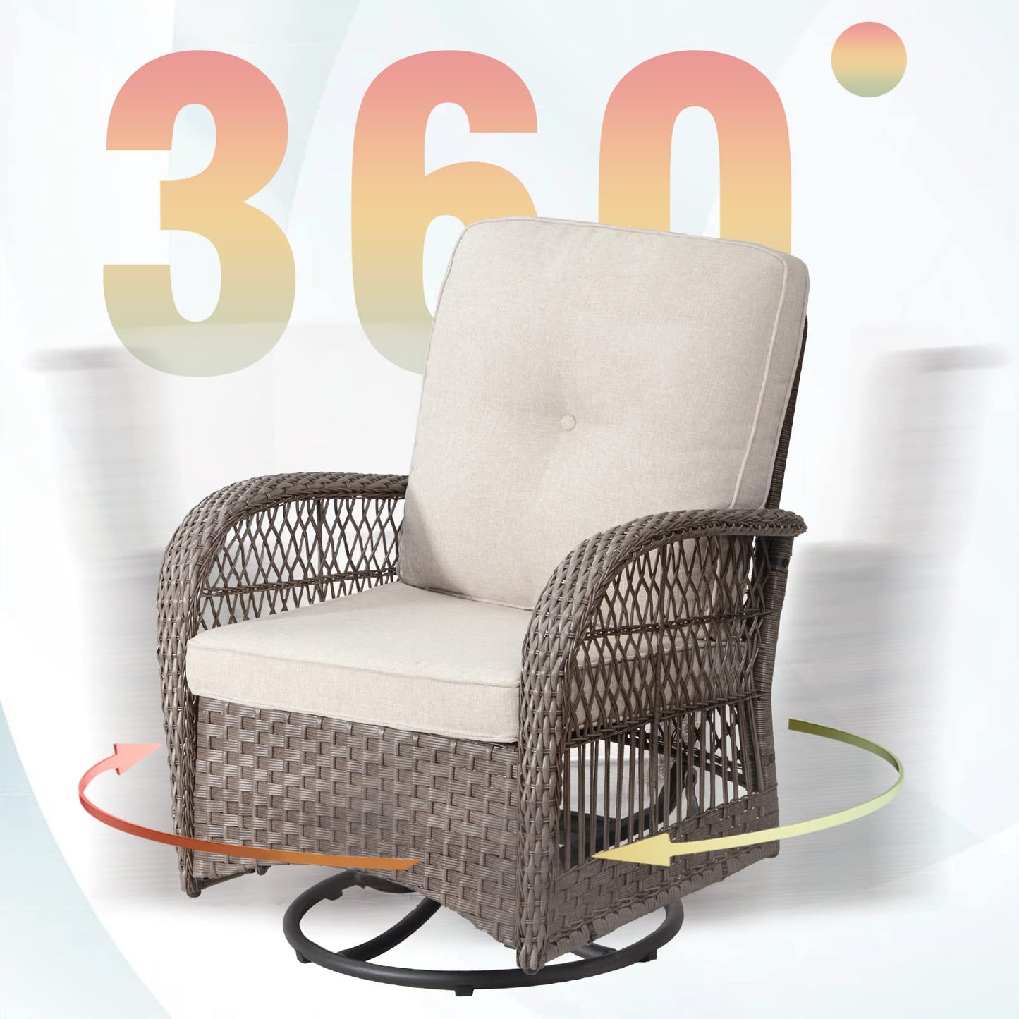 Joyside Patio Bistro Set, 3-Piece Outoodr Wicker Swivel Rocking Chair Set, Outdoor Patio Furniture Chair with Side Coffee Table & Durable Fabric Cushion(Brown/Beige)