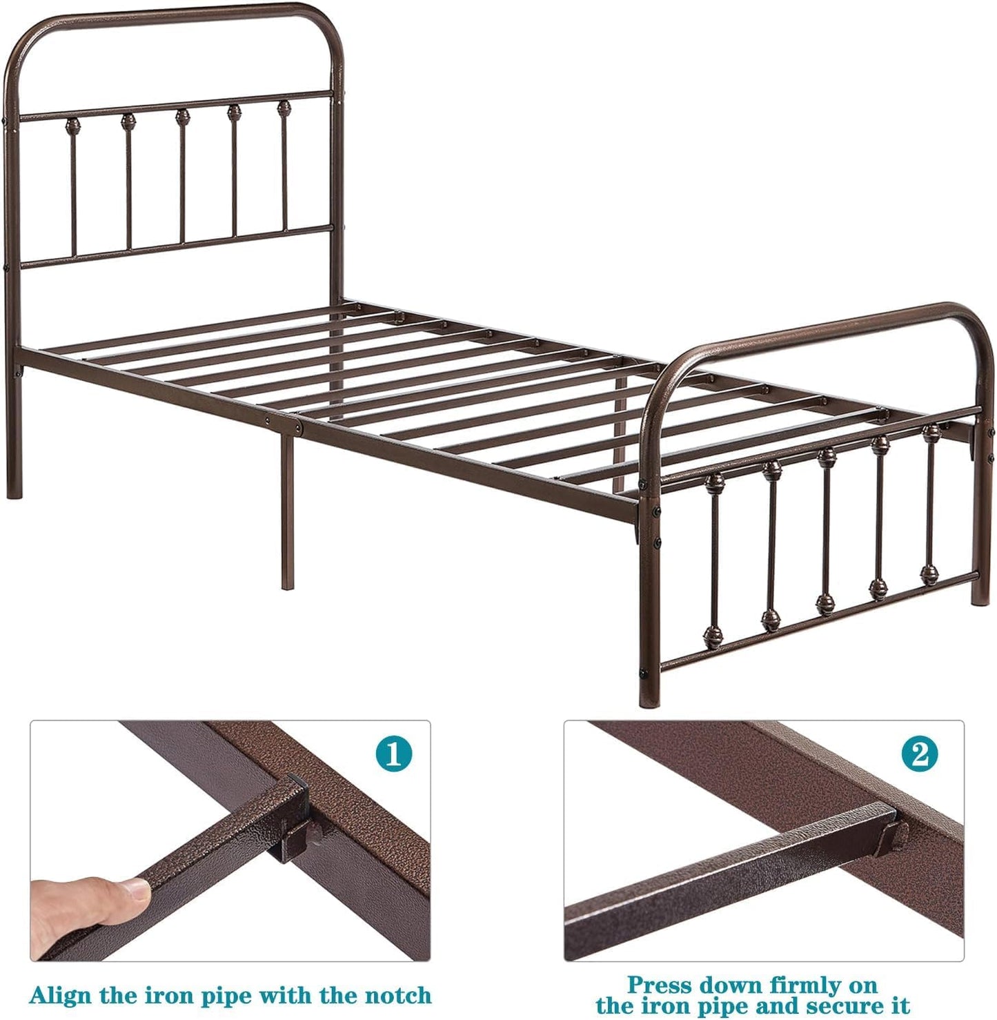 VECELO King Size Victorian Style Metal Bed Frame with Headboard/Mattress Foundation/No Box Spring Needed/Under Bed Storage and Strong Slat Support Purple Bronze