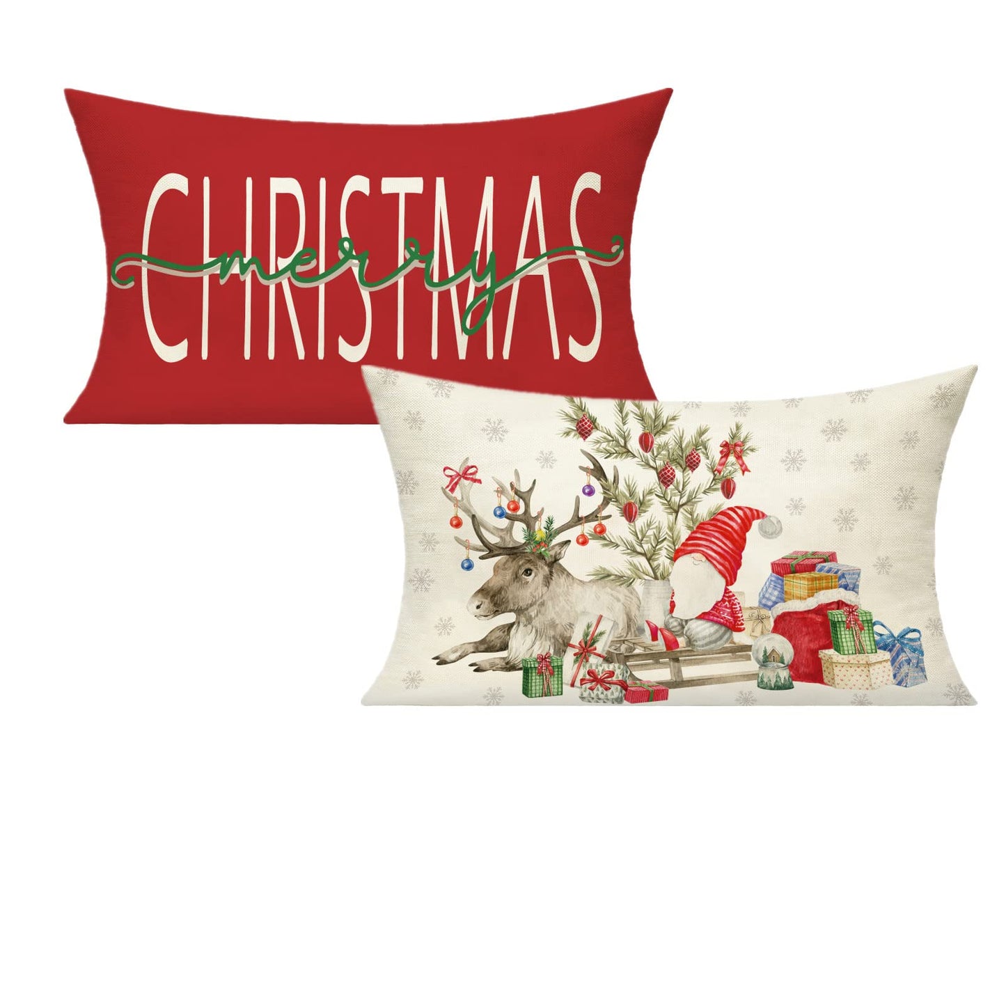 VAKADO 12x20 Christmas Outdoor Lumbar Throw Pillow Covers Set of 2 Farmhouse Red Deer Gnome Tree Snowman Xmas Winter Holiday Cushion Covers Home Decor for Sofa Couch Bench Room