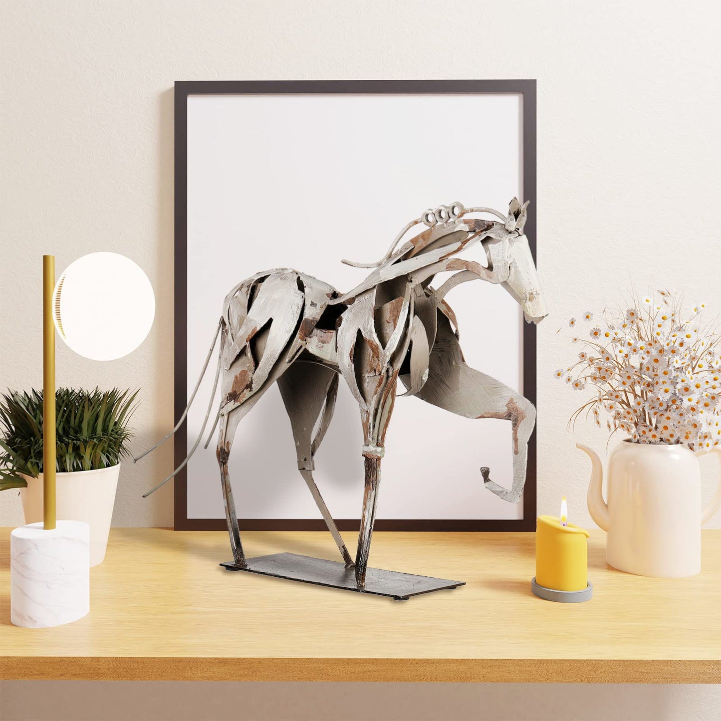 SunBlogs Art Metal Horse Statue Decor, Handmade Strong Modern Horse Sculpture Handicraft, Rustic Metal Statue Decorations Gift for Home Office Desk Figurine (Brown)
