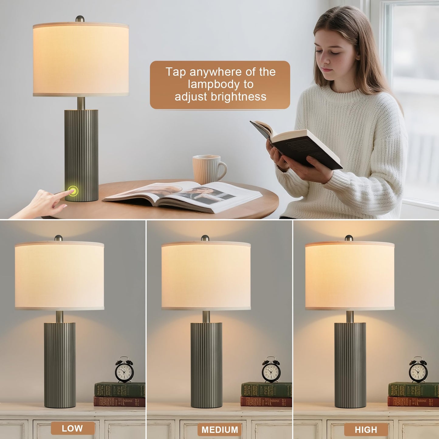 24.5" Black Lamps Set of 2, Modern Table Lamps for Living Room with USB C+A Ports, Creative Stripe Touch Lamps for Nightstand, 2 Bulbs Included