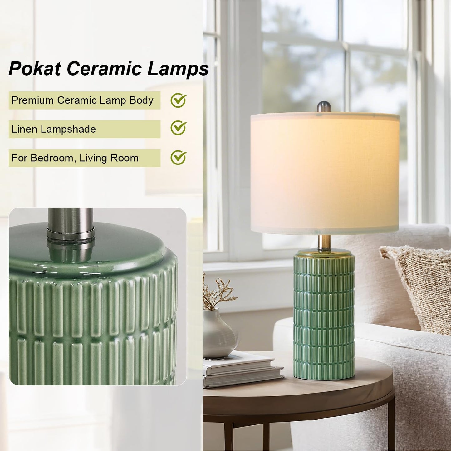 PoKat 20.75" Small Modern Ceramic Table Lamps Set of 2 for Bedroom, White Bedside Lamps for Night Stands, Farmhouse Desk Decor Gift Nightstand Table Lamps for Living Room End Table Beige