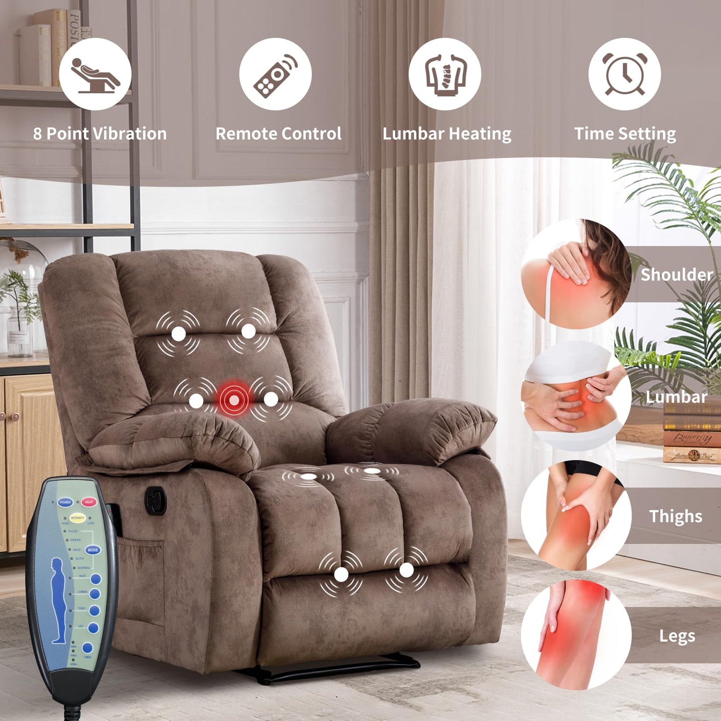 IOMOR Massage Recliner Chair with Heat and Massage, Ergonomic Overstuffed Breathable Fabric Reclining Chairs, Single Sofa Chair with Side Pockets for Living Room Home Theater (Dark Gray)