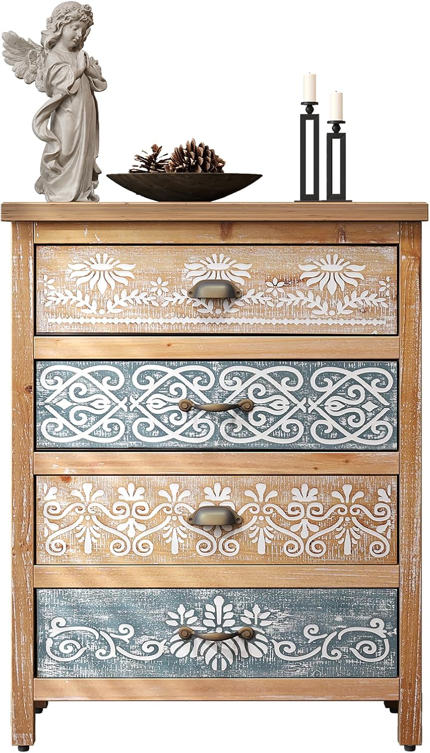 LKTART Wooden Storage Cabinet with Carved Drawers,Boho Small Buffet Sideboard with Hand Painted,Rustic Accent Credenza for Entryway,Kitchen,Living Room