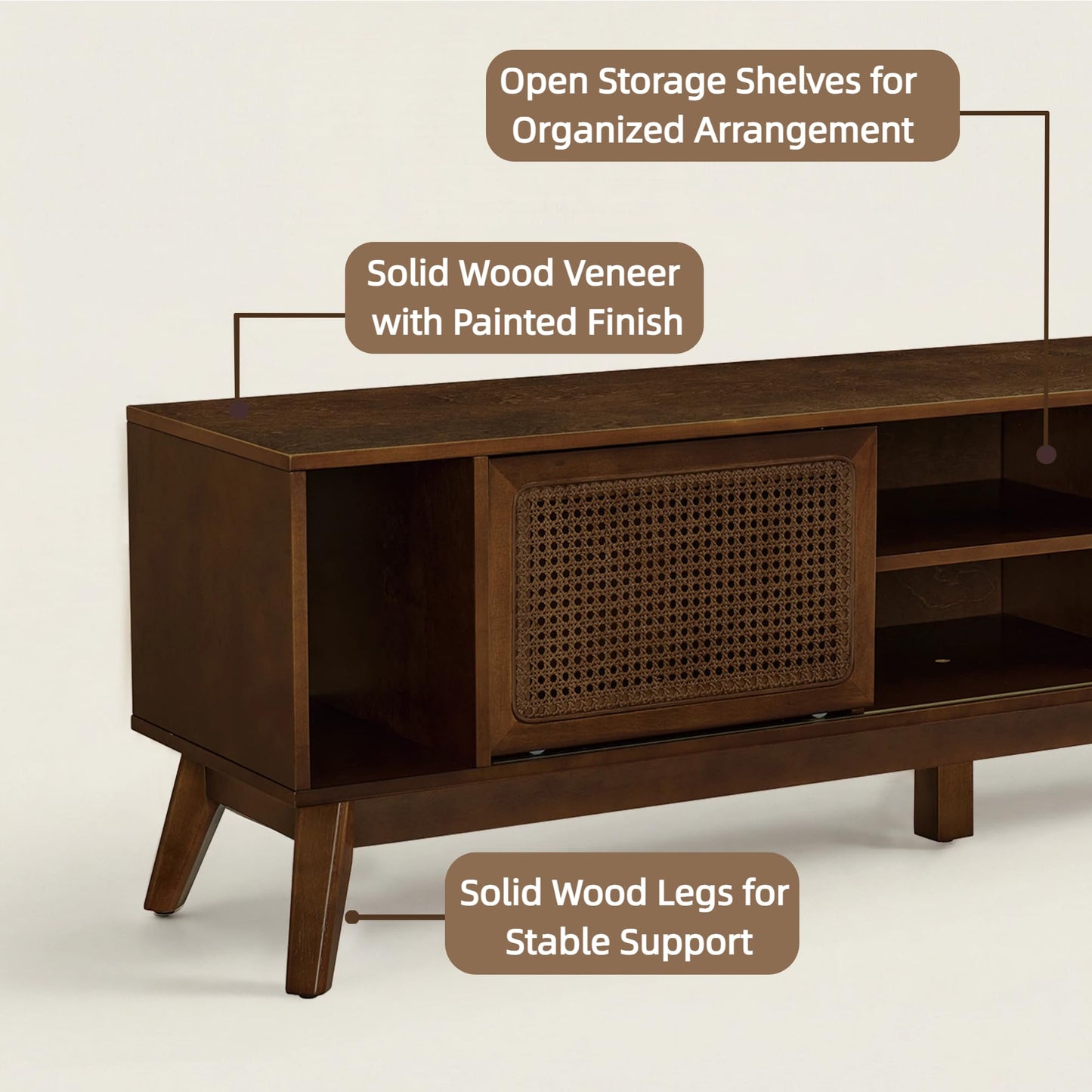LKTART Mid Century Modern Rattan TV Stand for 65 Inch TV,59" Boho Media Console with Sliding Doors & Open Shelves,Solid Wood Legs for Living Room,Light Walnut