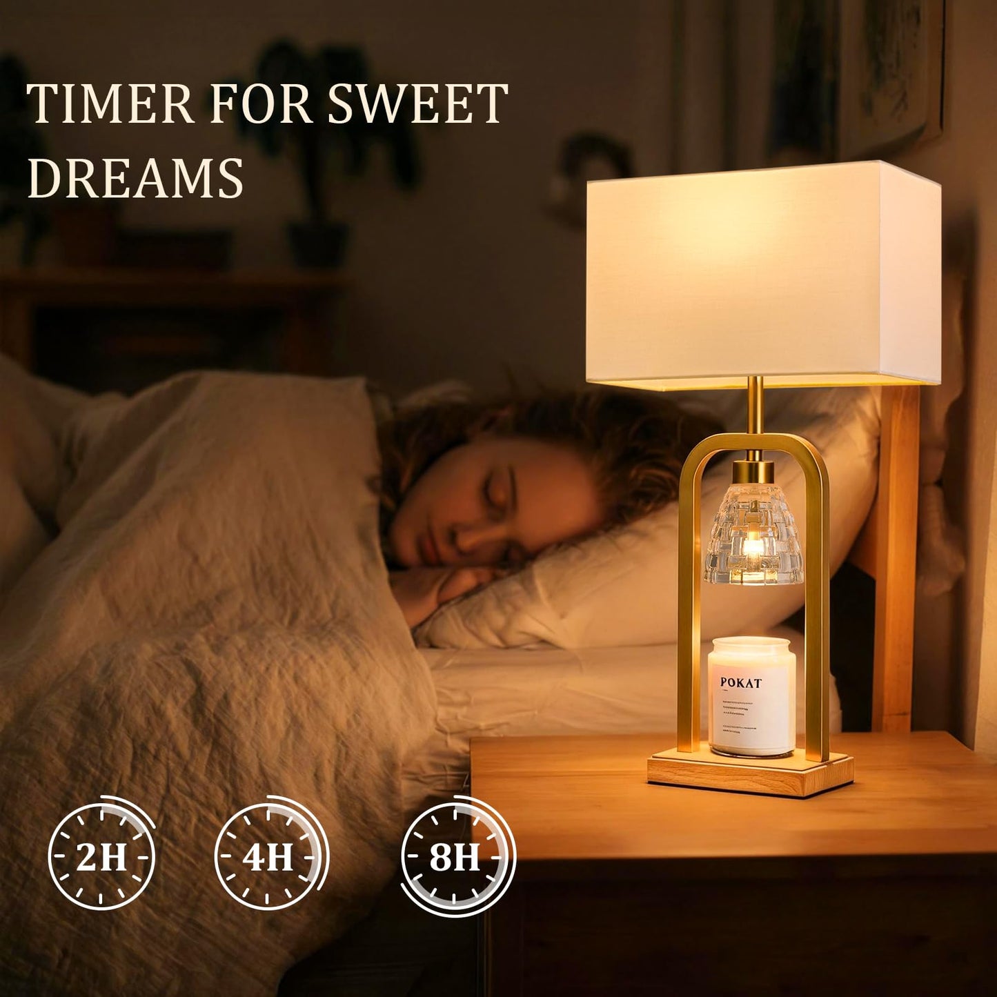 PoKat Gold Table Lamp Candle Warmer, Candle Warmer Lamp with Timer Dimmer, Wax Light Warming Table Lamp for Jar Candles, Modern Bedside Lamp for House Warming Home Decor Living Room, Bulb Included