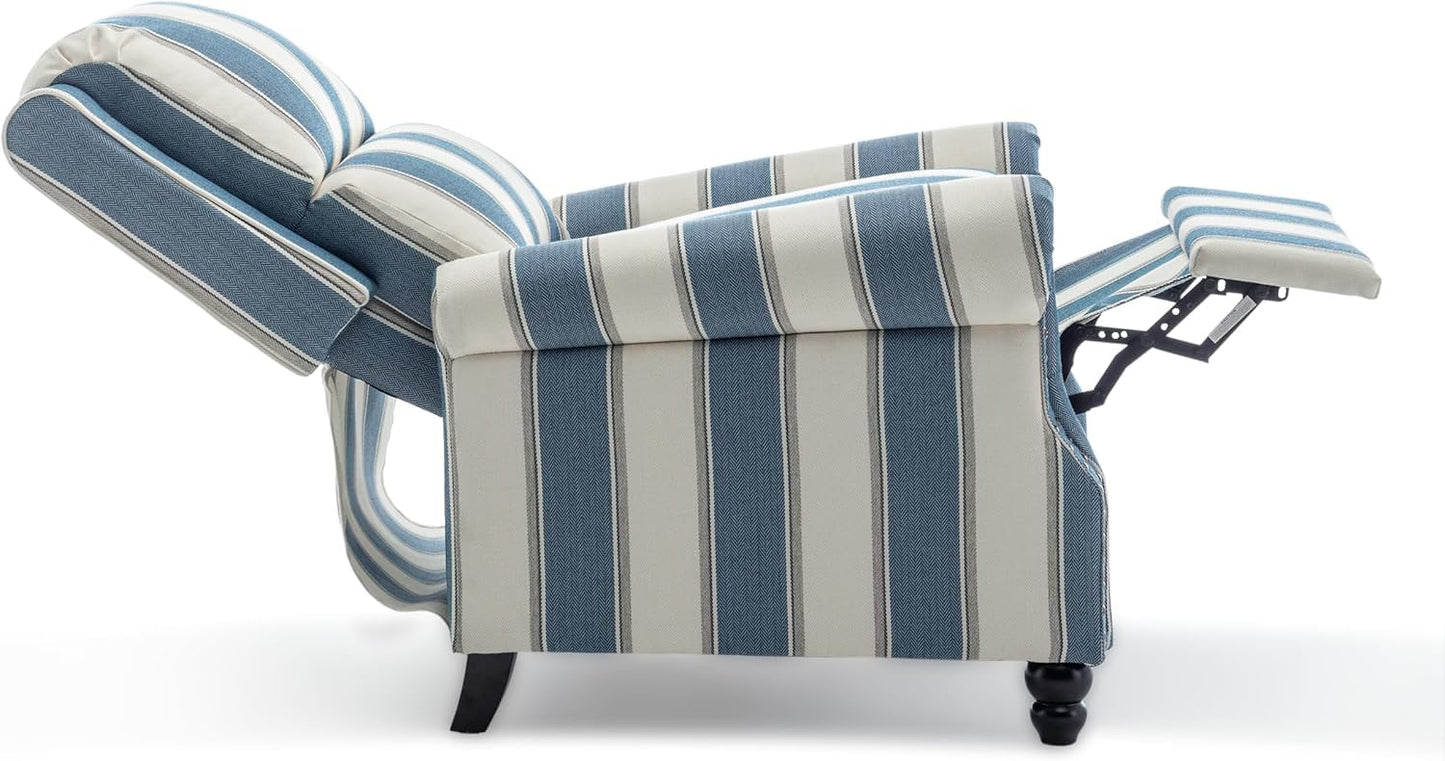 Pushback Recliner Chairs Set of 2, Comfy Fabric Wingback Recliner Chair, Upholstered Armchair Push Back Recliner with Wood Legs, Rivet Trim Accent Chair for Living Room, Bedroom, Blue Stripe