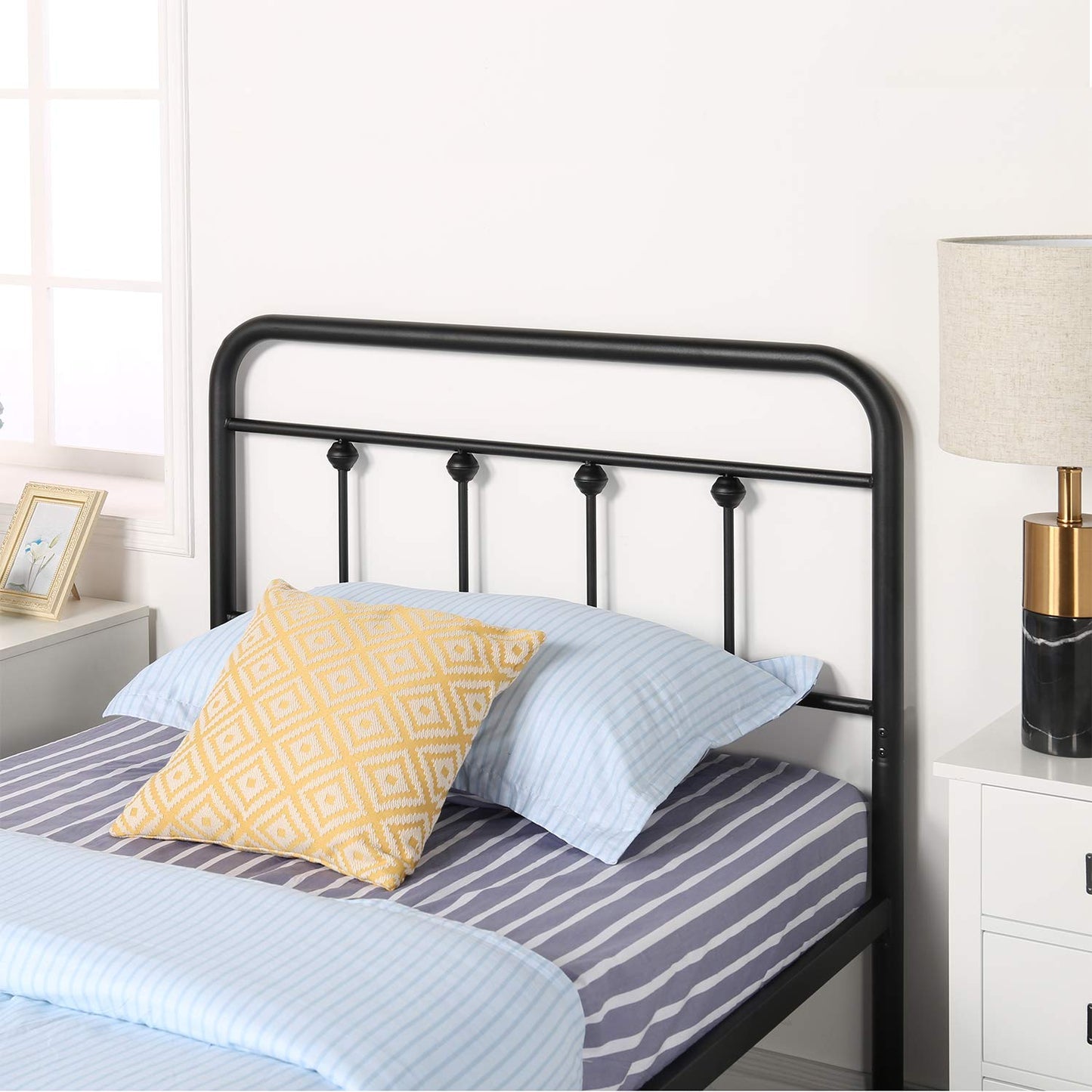 VECELO King Size Victorian Style Metal Bed Frame with Headboard/Mattress Foundation/No Box Spring Needed/Under Bed Storage and Strong Slat Support Purple Bronze