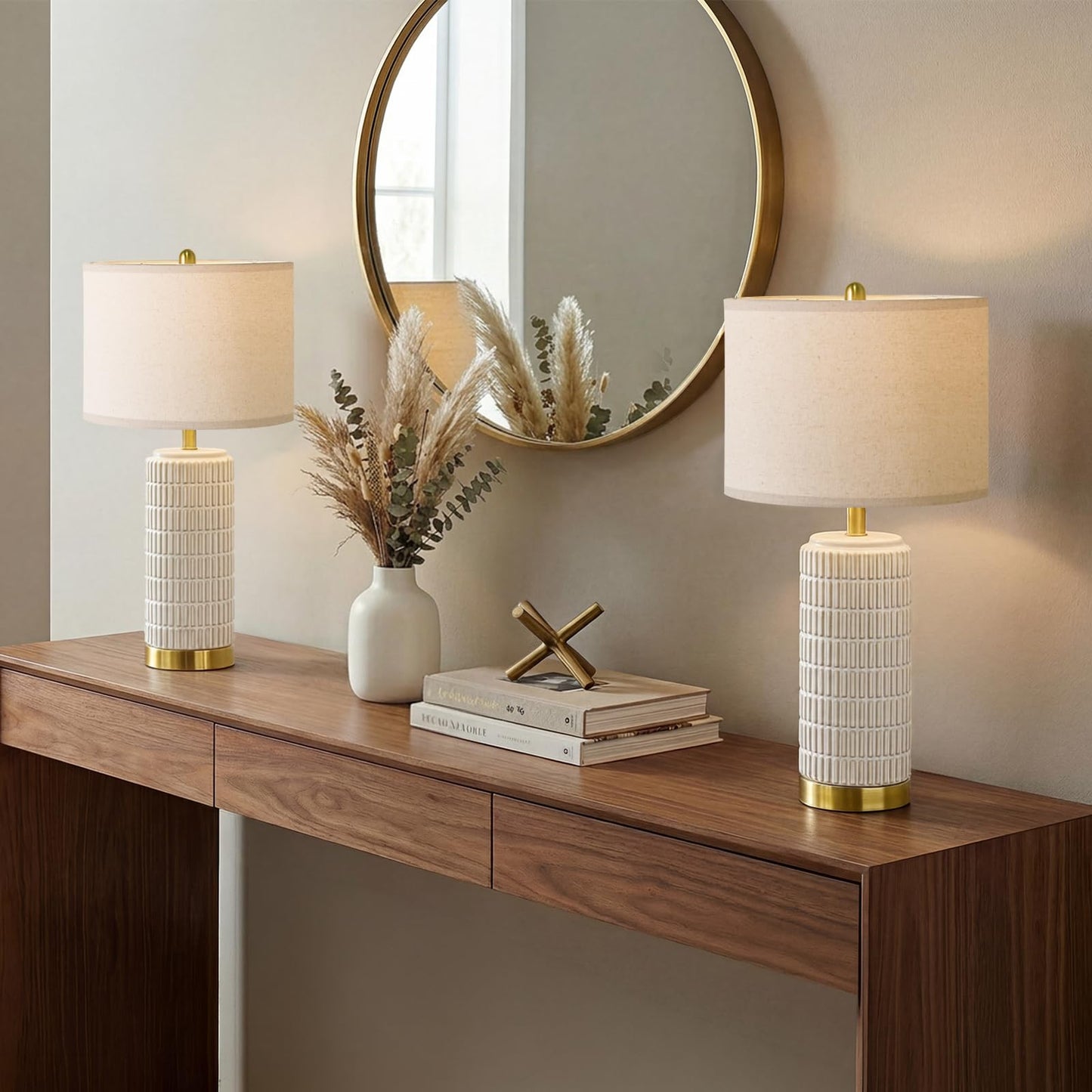 PoKat Small Bedside Table Lamps Set of 2 for Bedroom Living Room, 21.5'' Modern Ceramic Nightstand Lamps with Gold Base, Farmhouse Table Lamps for Office End Side Table Console, White and Beige