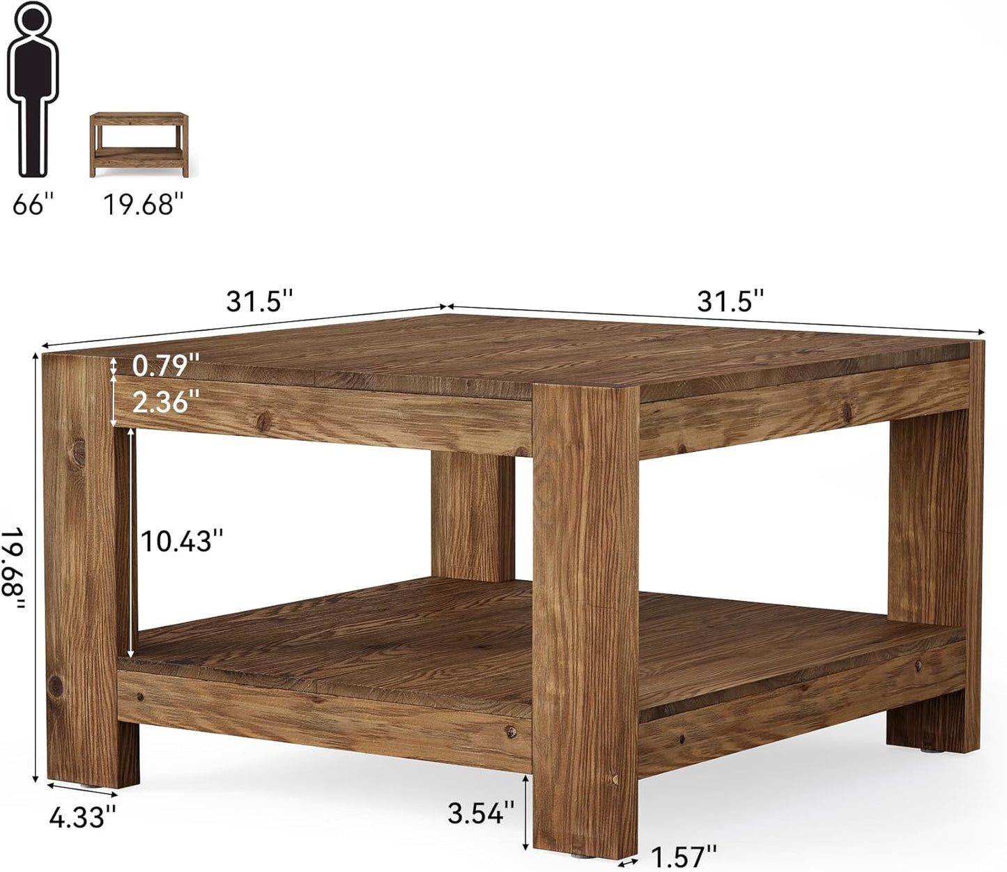 Solid Wood Coffee Table, 31.5" Square Farmhouse Center Table with Storage Shelf for Living Room, 2-Tier Cocktail Accent Tea Furniture for Small Space, Office, Rustic Brown