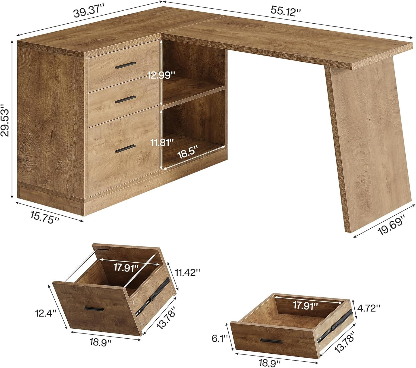 Tribesigns 55-Inch L Shaped Computer Desk with 3 Drawers, Corner Home Office Desk with Storage Shelves, Farmhouse Wood Executive Desk for Work Writing Sturdy, Gaming, Brown