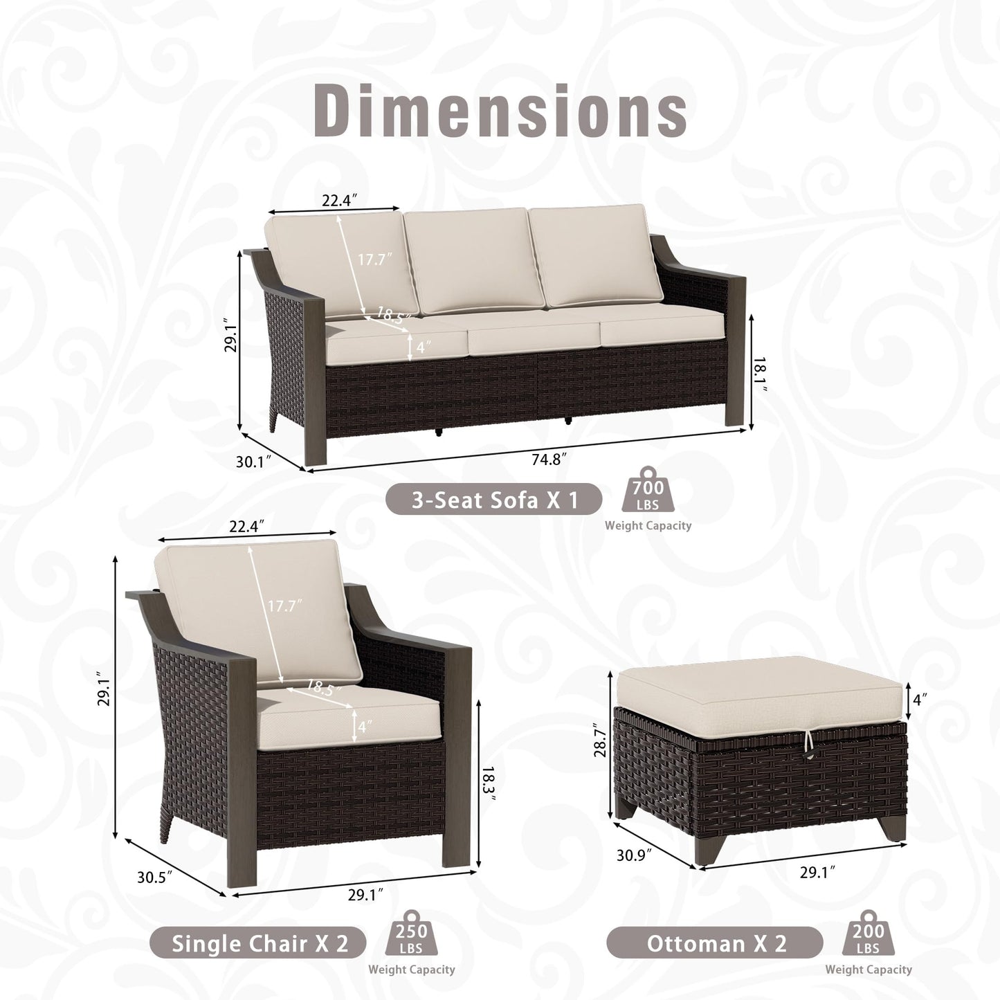 74 Inch Patio 3-Seater Sofa,PE Wicker Outdoor Lounge with Thick Removable Water-Resistant Cushions, Rust-Proof Steel Frame, 900LBS Capacity, Beige