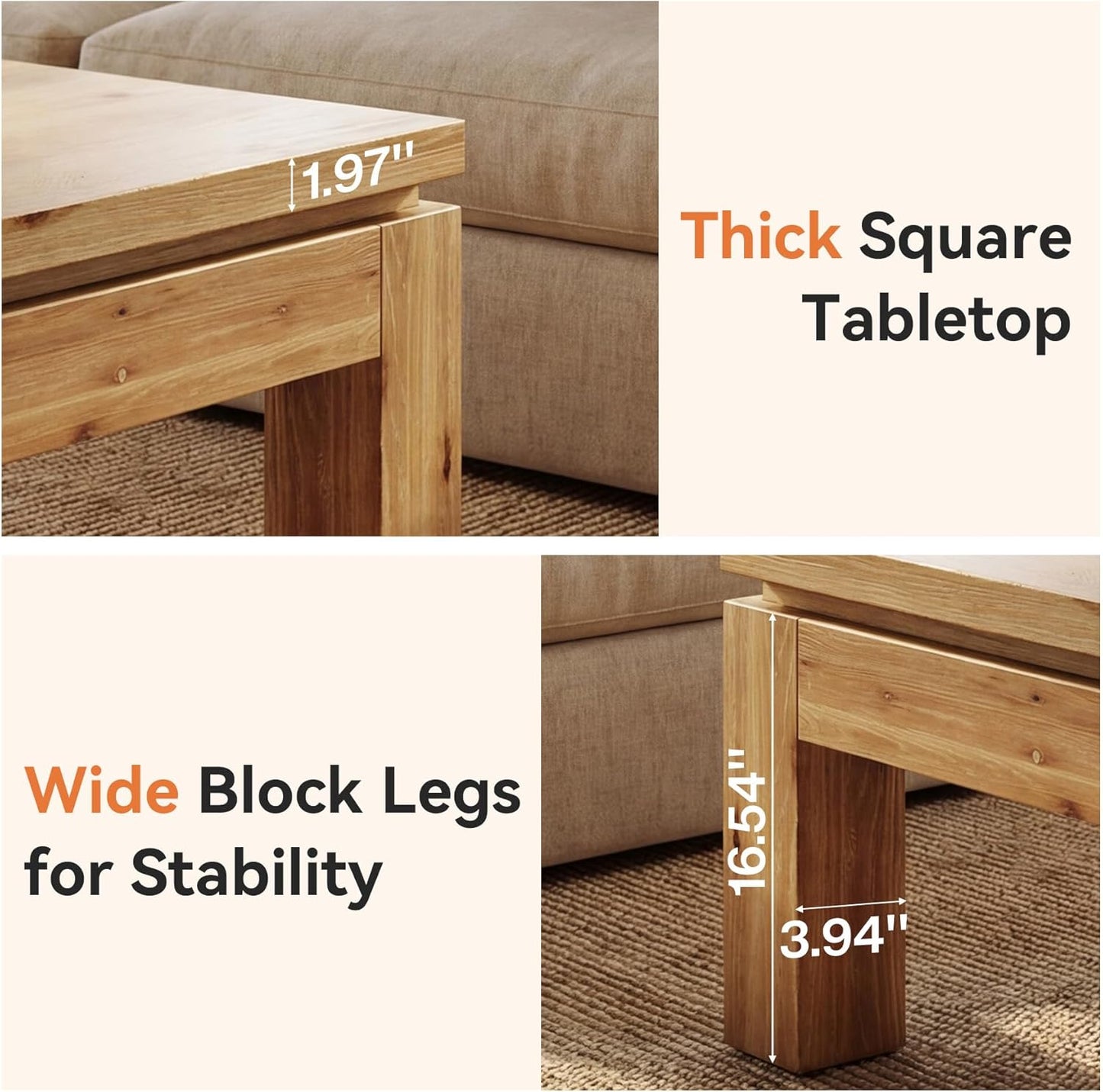 Farmhouse Coffee Table, 31.5" Solid Wood Square Coffee Table for Living Room, Apartment, Small Spaces (Natural Brown)