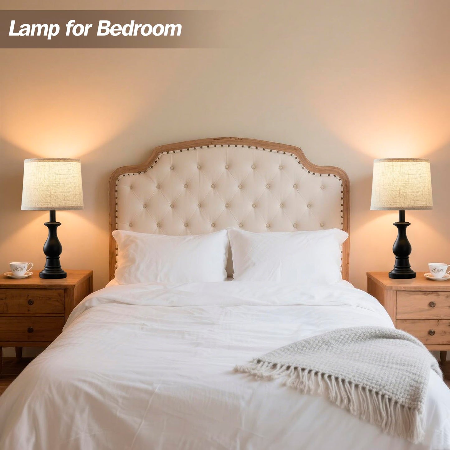 Vintage Table Lamp for Living Room Bedroom, 18.5" Farmhouse Bedside Lamps Nightstand Lamp Set of 2, Table Lamps with Oatmeal Linen Lamp Shades, 2 LED Bulbs Included