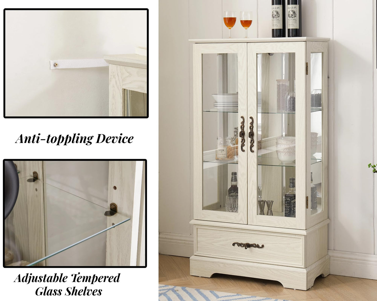 LKTART Curio Glass Display Cabinet,Storage Cabinet with Lights and Mirrored Back Panel,China Cabinet with Tempered Glass Doors and Shelves,Collectible Display Shelf,Included Bulb White