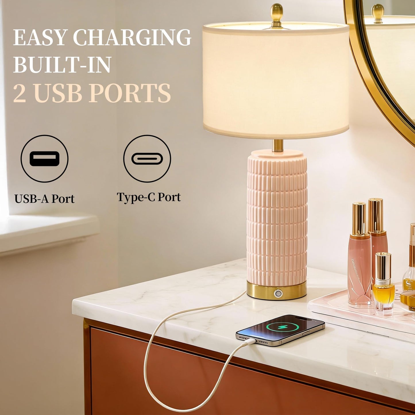 PoKat Touch Bedside Table Lamps with USB Ports for Bedroom Living Room, 25'' Dimmable Nightstand Touch Lamps for Living Room, Modern Ceramic Lamps for Night Stands Bedroom, Office, White and Beige
