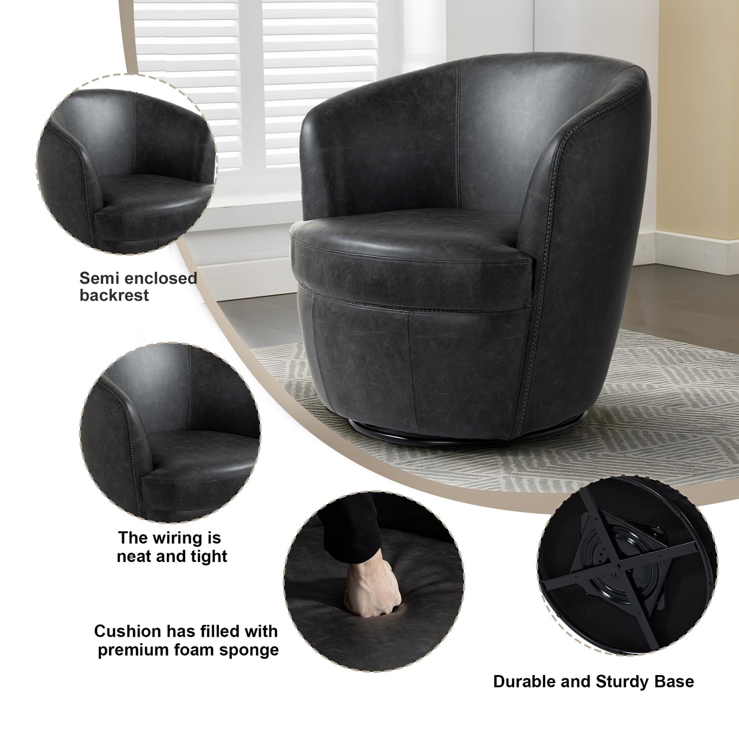 360° Swivel Barrel Accent Chair, Faux Leather Round Swivel Chair for Living Room, Comfy Upholstered Armchair Single Sofa Club Chair for Bedroom Reading Room, No Assembly Required - Light Brown