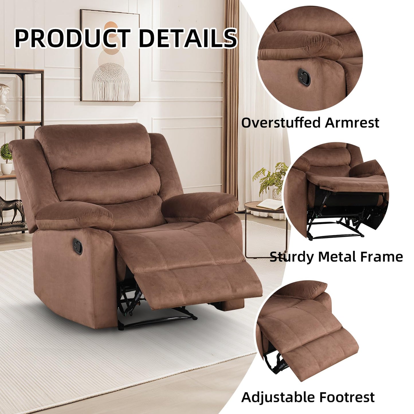 IOMOR Manual Recliner Chair with Overstuffed Arm and Extra-Padded Back, Breathable PU Leather Reclining Chair for Adults, Single Sofa for Living Room, Bedroom (Dark Brown)