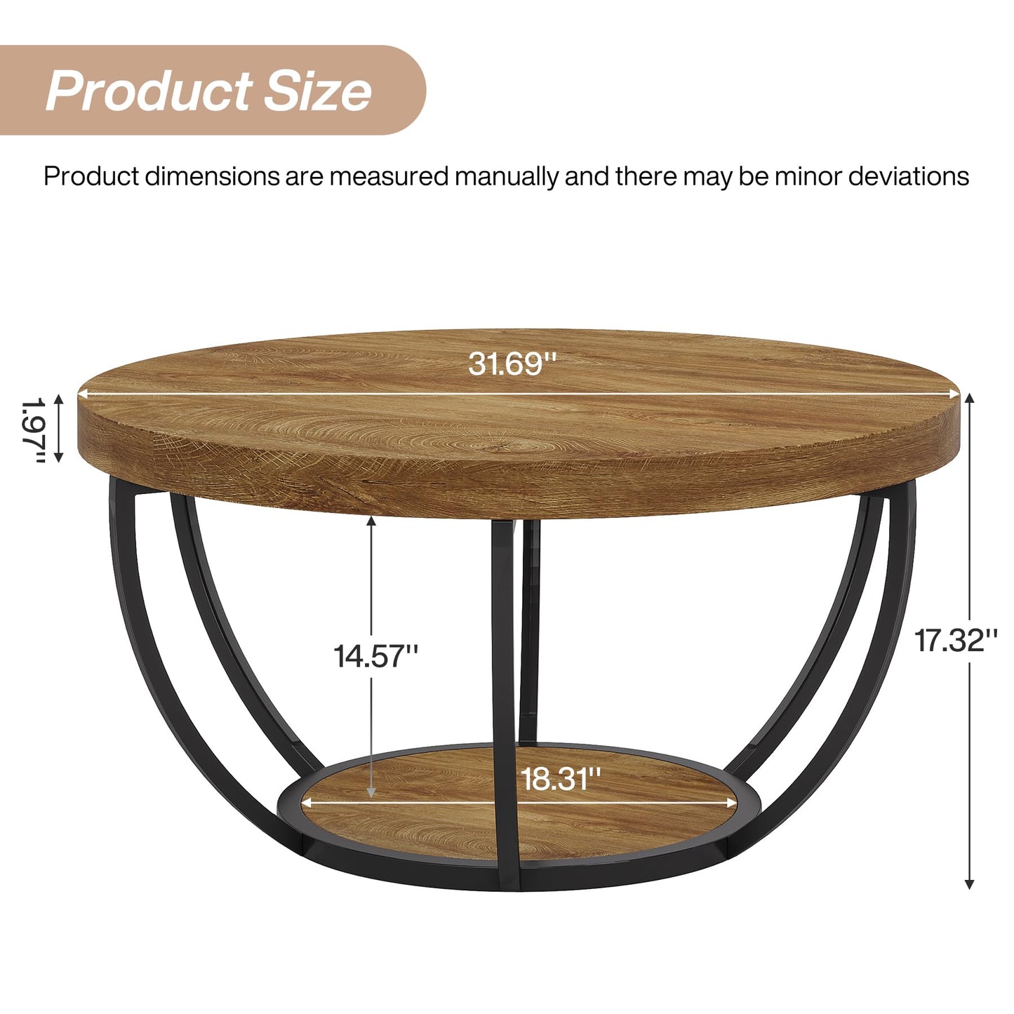 Tribesigns Round Coffee Table, 31.7" Wooden 2-Tier Circle Coffee Table with Storage Shelves, Modern Accent Cocktail Table Center Table for Living Room, Grey