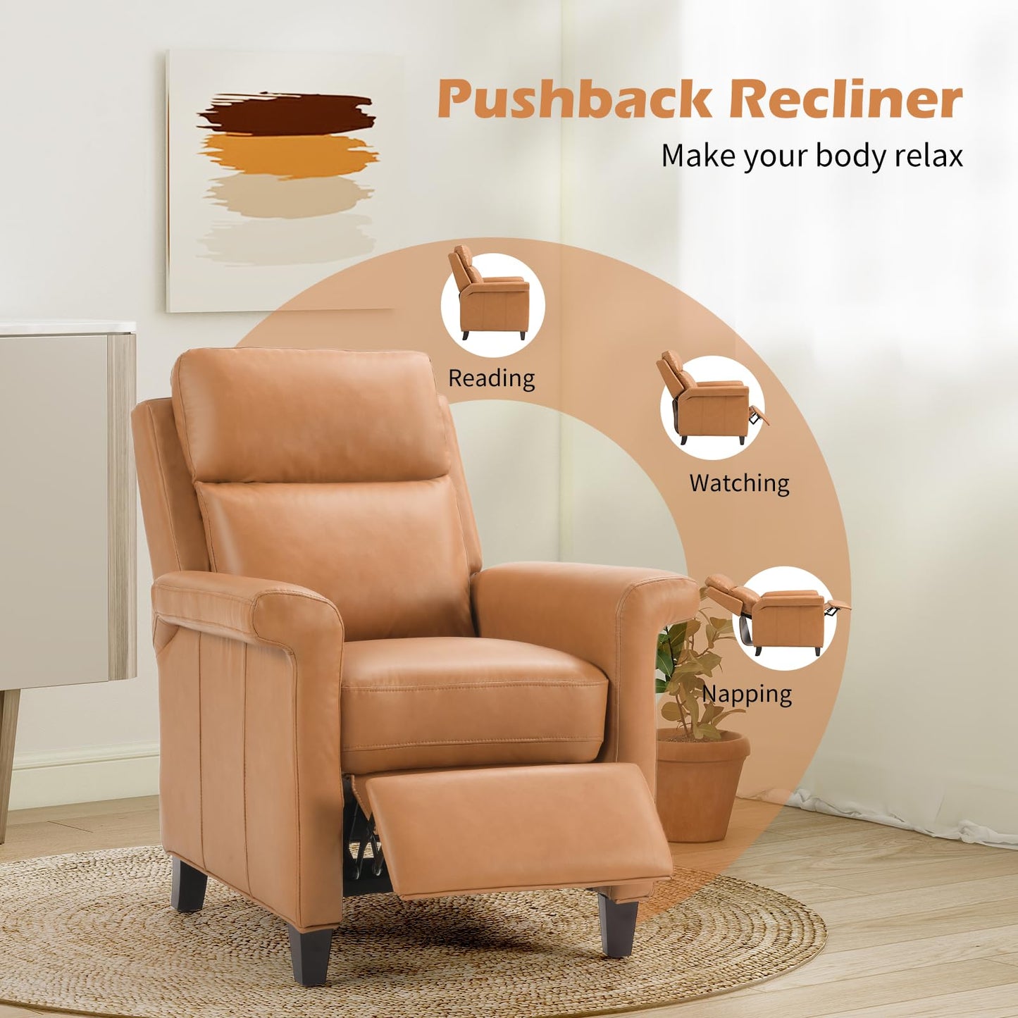 IOMOR Push Back Recliner Chair, Faux Leather Lounge Armchair with Footrest, Decoration Single Sofa Accent Chair for Living Room, Bedroom, Small Spaces (1, L-Brown)