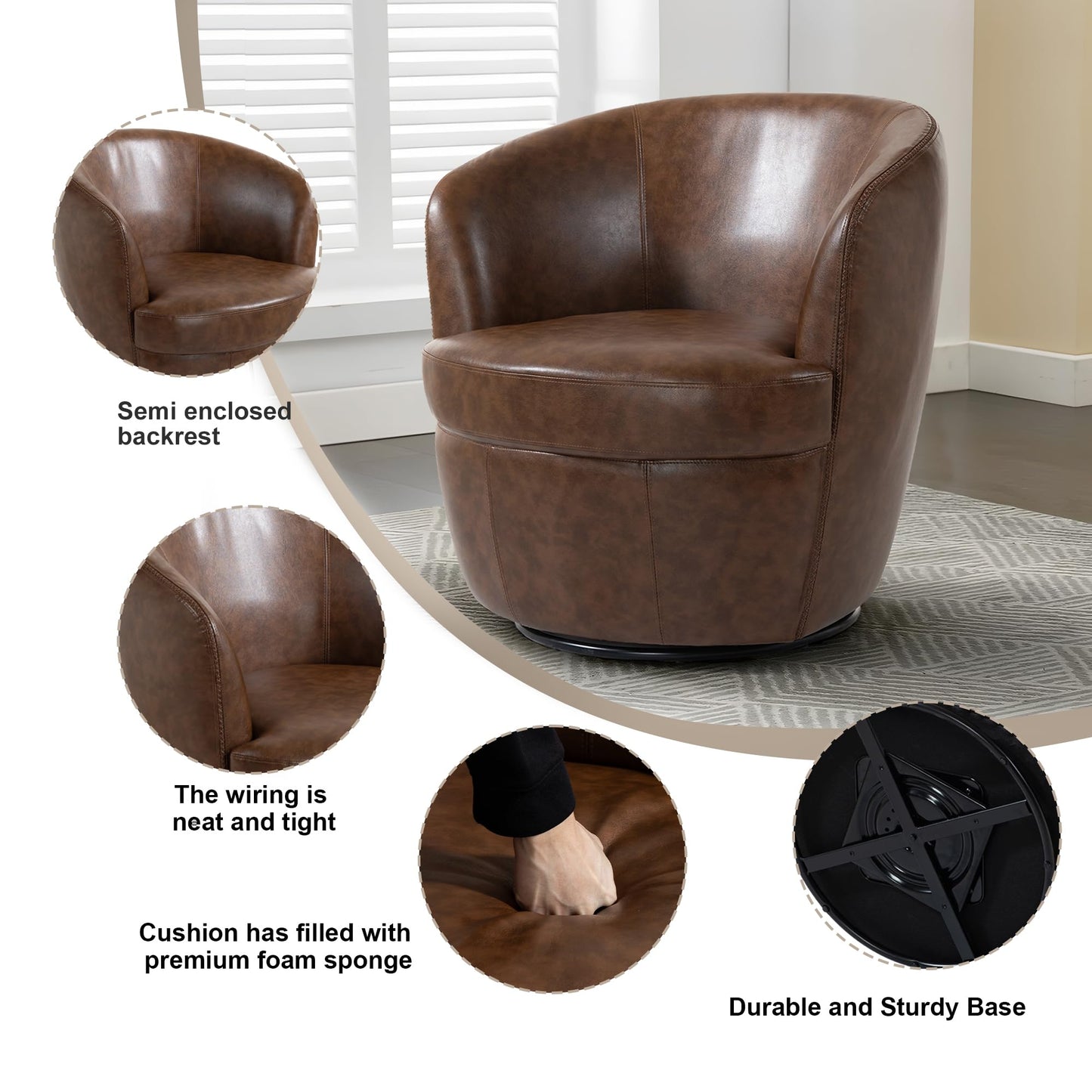 360° Swivel Barrel Accent Chair, Faux Leather Round Swivel Chair for Living Room, Comfy Upholstered Armchair Single Sofa Club Chair for Bedroom Reading Room, No Assembly Required - Light Brown