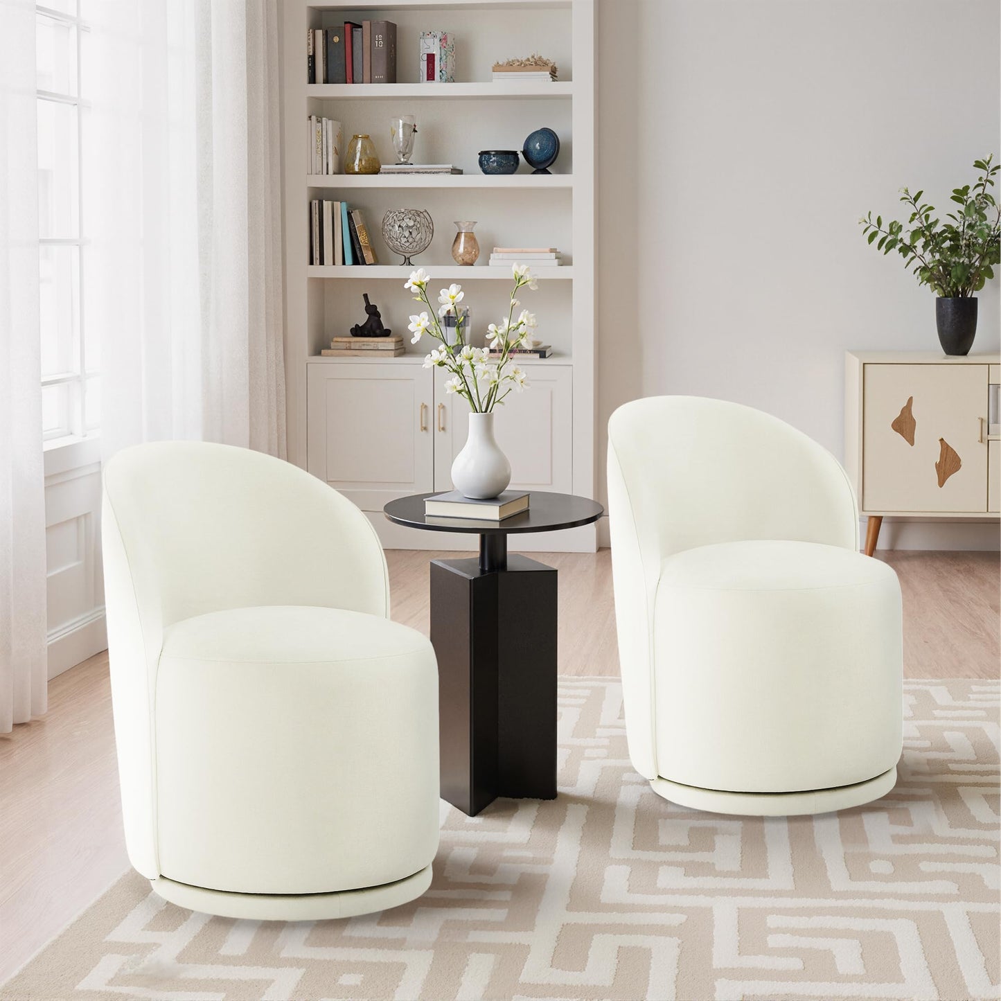 Swivel Barrel Dining Chairs Set of 2, Faux Leather Upholstered Round Dining Chairs, 360° Swivel Vanity Chair Comfy Armless Accent Makeup Chair for Dining/Living Room Makeup Room, Brown