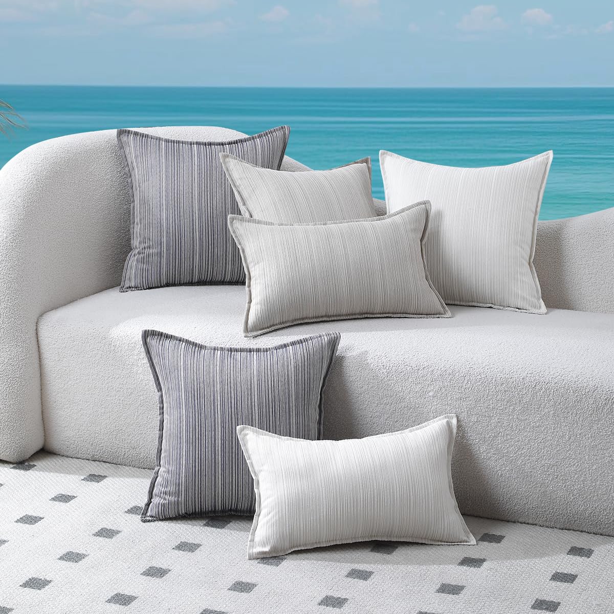 VAKADO Outdoor Waterproof Throw Pillow Covers 18x18 Set of 2,Chenille UV Decorative with Hem Patio Furniture Cushion Cases Decor for Bench Garden Tent Chair Seat Porch Couch,Stripe Beige