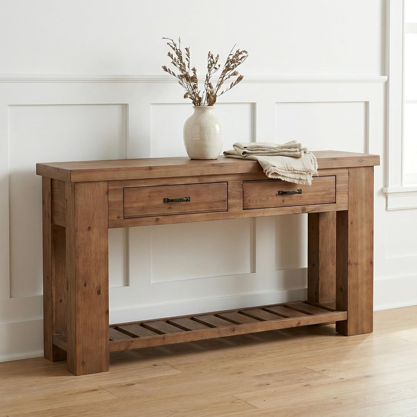 Farmhouse Solid Wood Console Table, 63-Inch Long Entryway Sofa Table with 2 Drawers and Open Slatted Shelf for Hallway, Entrance and Living Room