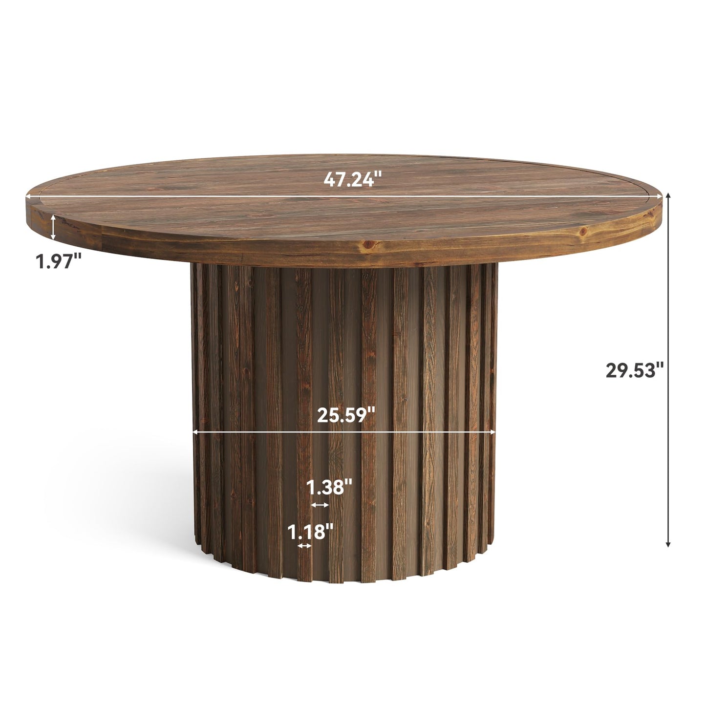 47" Solid Wood Dining Table for 4-6, Farmhouse Round Kitchen Table with Striped Pedestal Base, Circle Wooden Dining Room Furniture for Kitchen Living Room, Wood Tabletop+MDF Pedestal Base