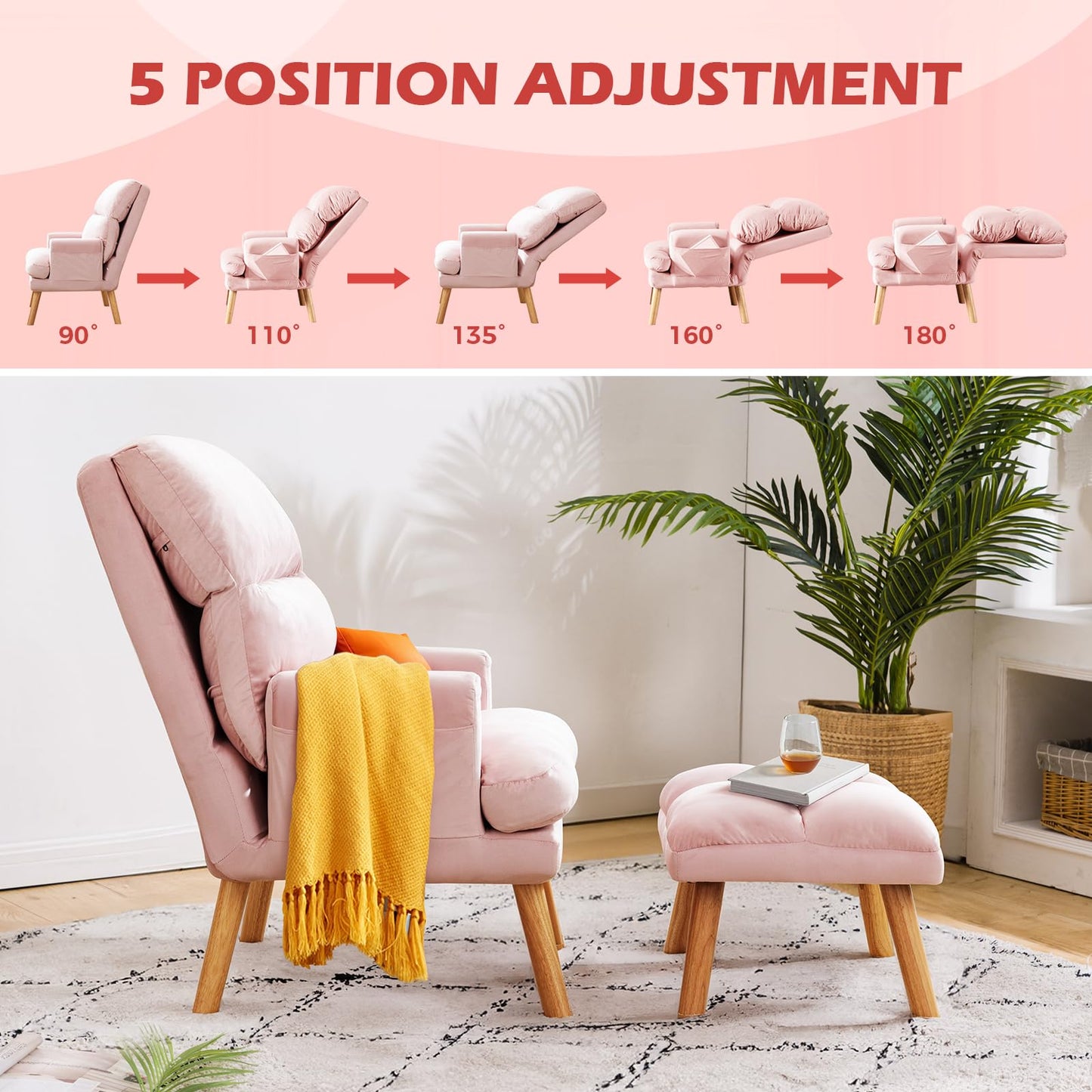 IOMOR Accent Chair with Ottoman Comfy Reading Chair Armchair with Adjustable Backrest and Side Pockets Soft Fabric Leisure Sofa for Bedroom, Living Room, Dorm Rooms, Garden, Beige