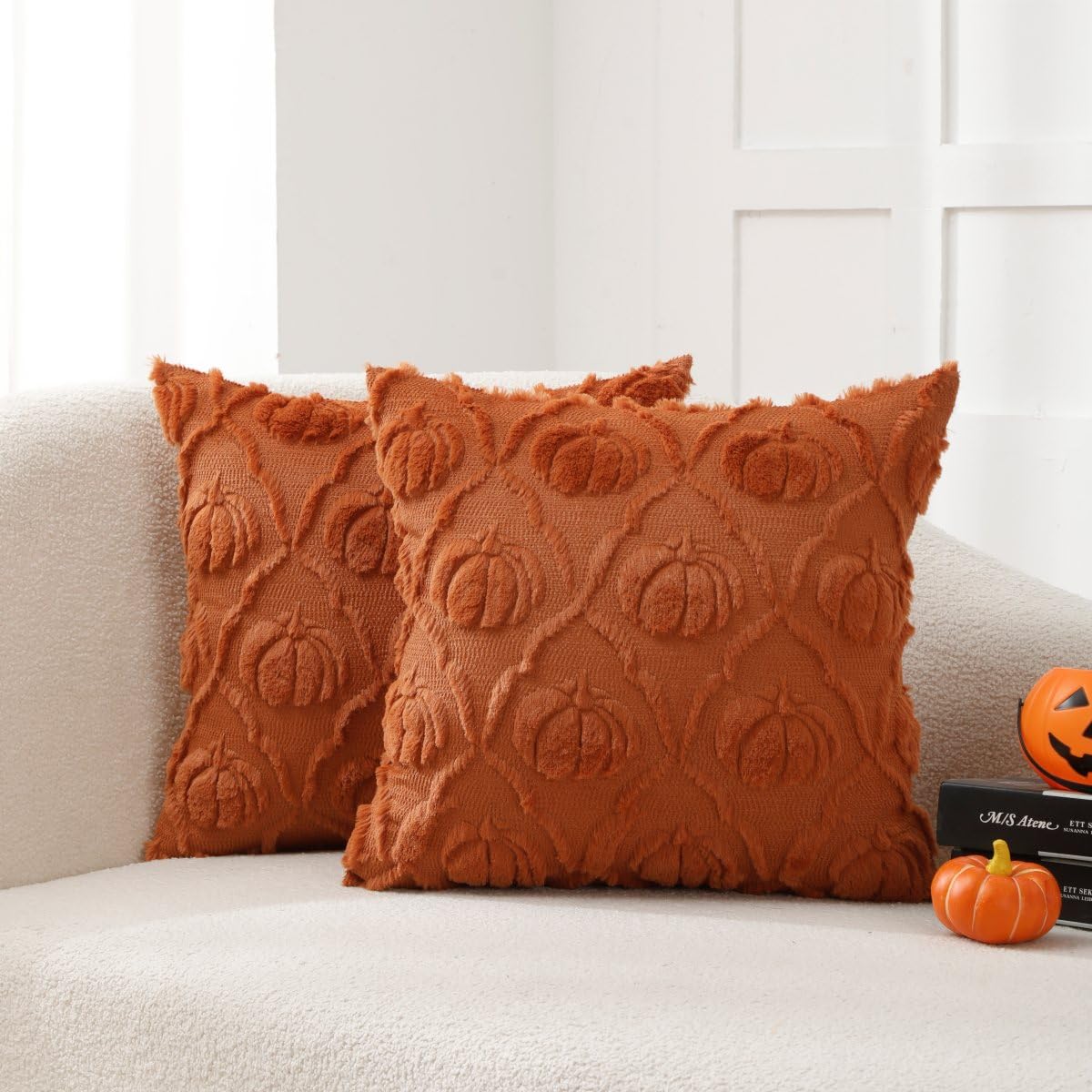 VAKADO Halloween Fall Throw Pillow Covers 18x18 Set of 2 Pumpkin Autumn Couch Thanksgiving Home Decorations Kitchen Decor Plush Embroidered Velvet Cushion for Farmhouse Bed Sofa Living Room,Cream