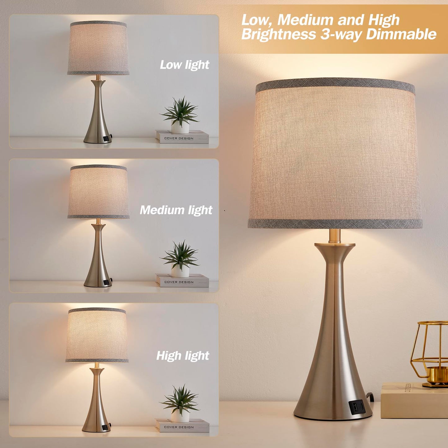 Touch Lamp for Living Room Bedroom, 21" Table Lamps Set of 2 with USB C+A Ports, Touch Bedside Lamps for Nightstand with 3 Way Dimmable, 2 LED Bulbs Included, Black