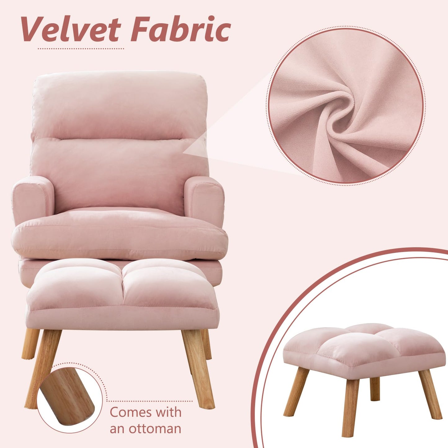 IOMOR Accent Chair with Ottoman Comfy Reading Chair Armchair with Adjustable Backrest and Side Pockets Soft Fabric Leisure Sofa for Bedroom, Living Room, Dorm Rooms, Garden, Beige