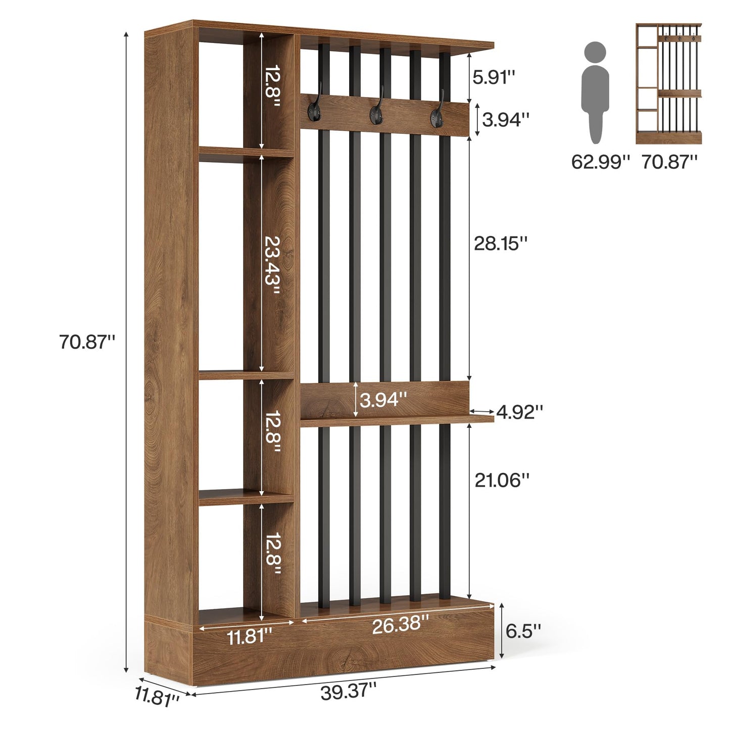 Tribesigns Wall Room Divider, Wood Freestanding Room Divider Bookcase with Shelves & Coat Hooks, 71" Modern Wall Partition for Home & Office Decorative, Brown