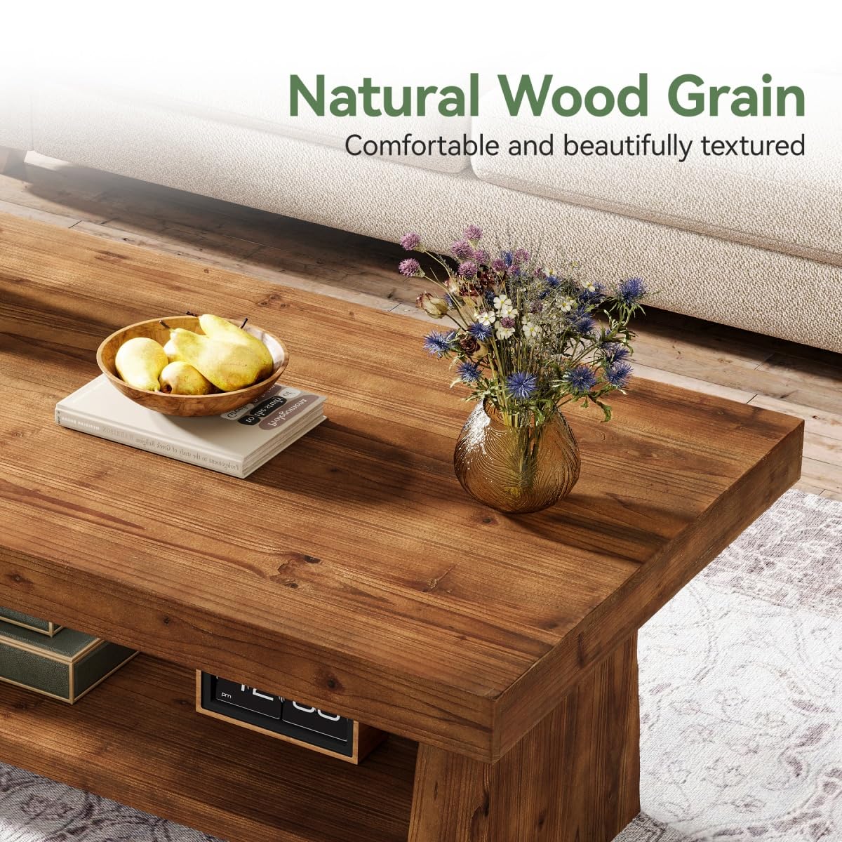 Solid Wood Coffee Table, 47-Inch Farmhouse Wooden Coffee Table for Living Room, 2-Tier Rectangular Center Table with Storage for Apartment, Home Office, Dark Brown