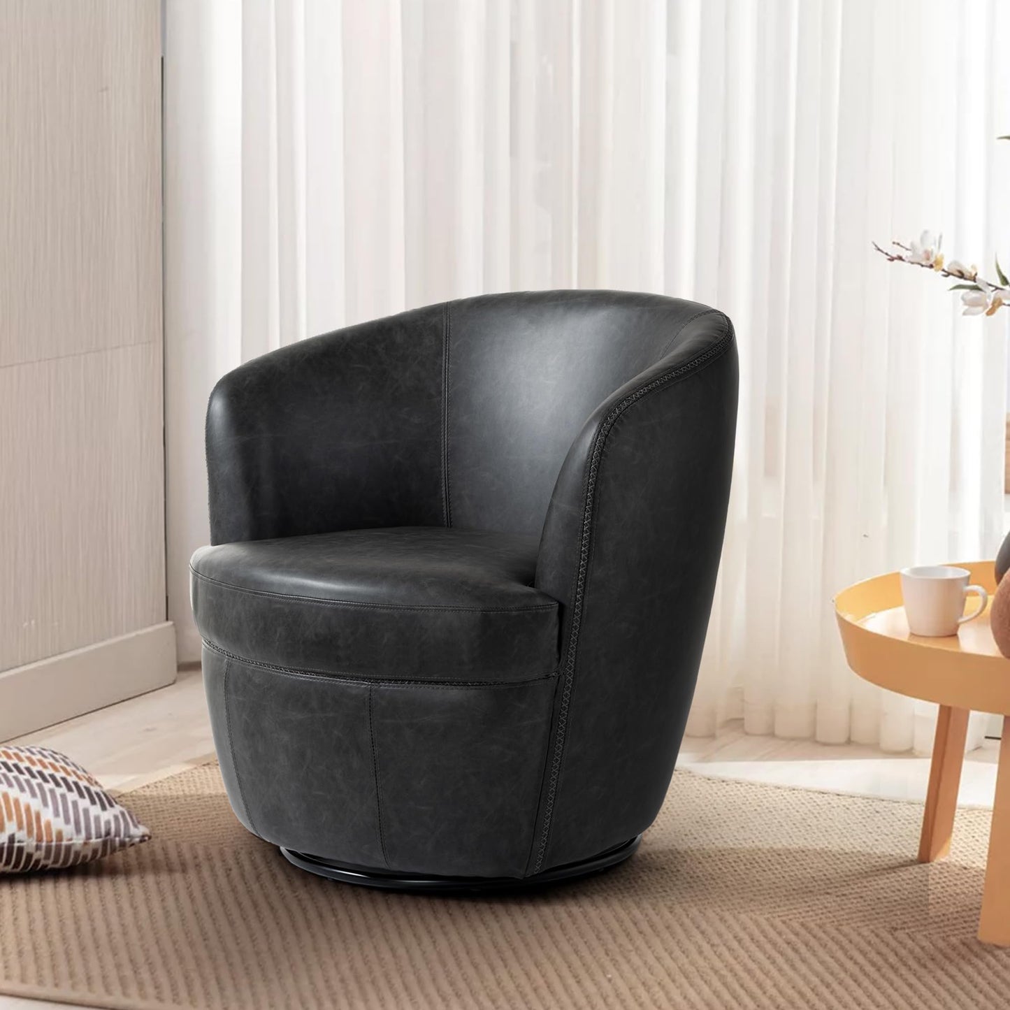 360° Swivel Barrel Accent Chair, Faux Leather Round Swivel Chair for Living Room, Comfy Upholstered Armchair Single Sofa Club Chair for Bedroom Reading Room, No Assembly Required - Light Brown