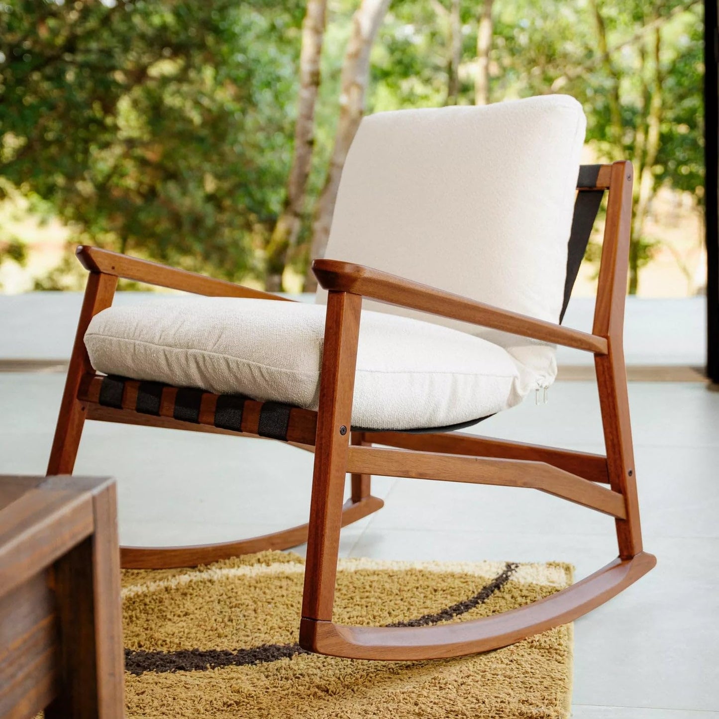 Grain Wood Furniture Solid Wood Mid Century Rocking Chair with Off-White Performance Boucle Cushions