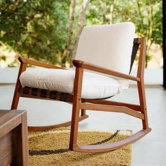 Grain Wood Furniture Solid Wood Mid Century Rocking Chair with Off-White Performance Boucle Cushions